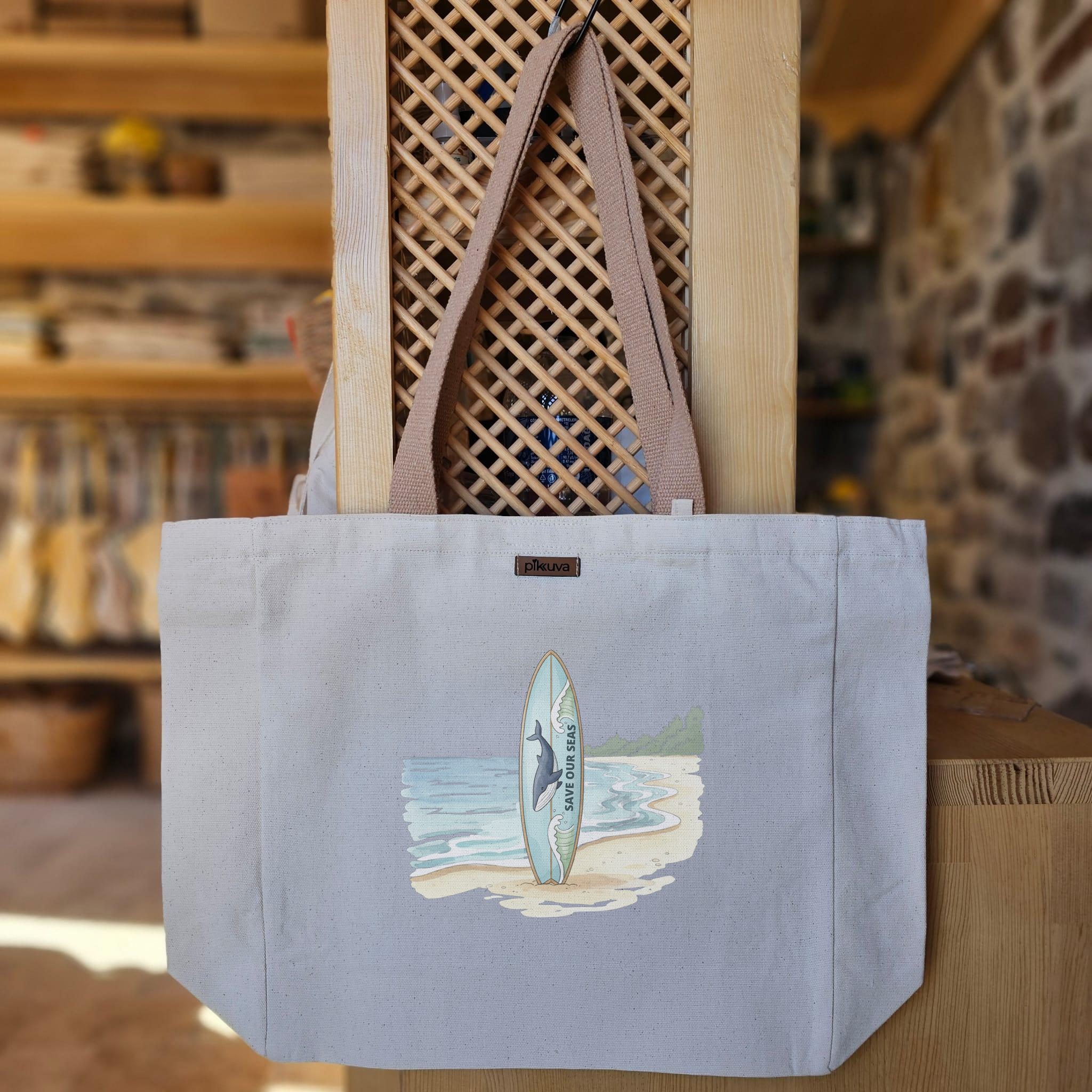 Natural Canvas Tote Bag, Light Brown Handles, White Velcro, Water Bottle Holder — 20x24