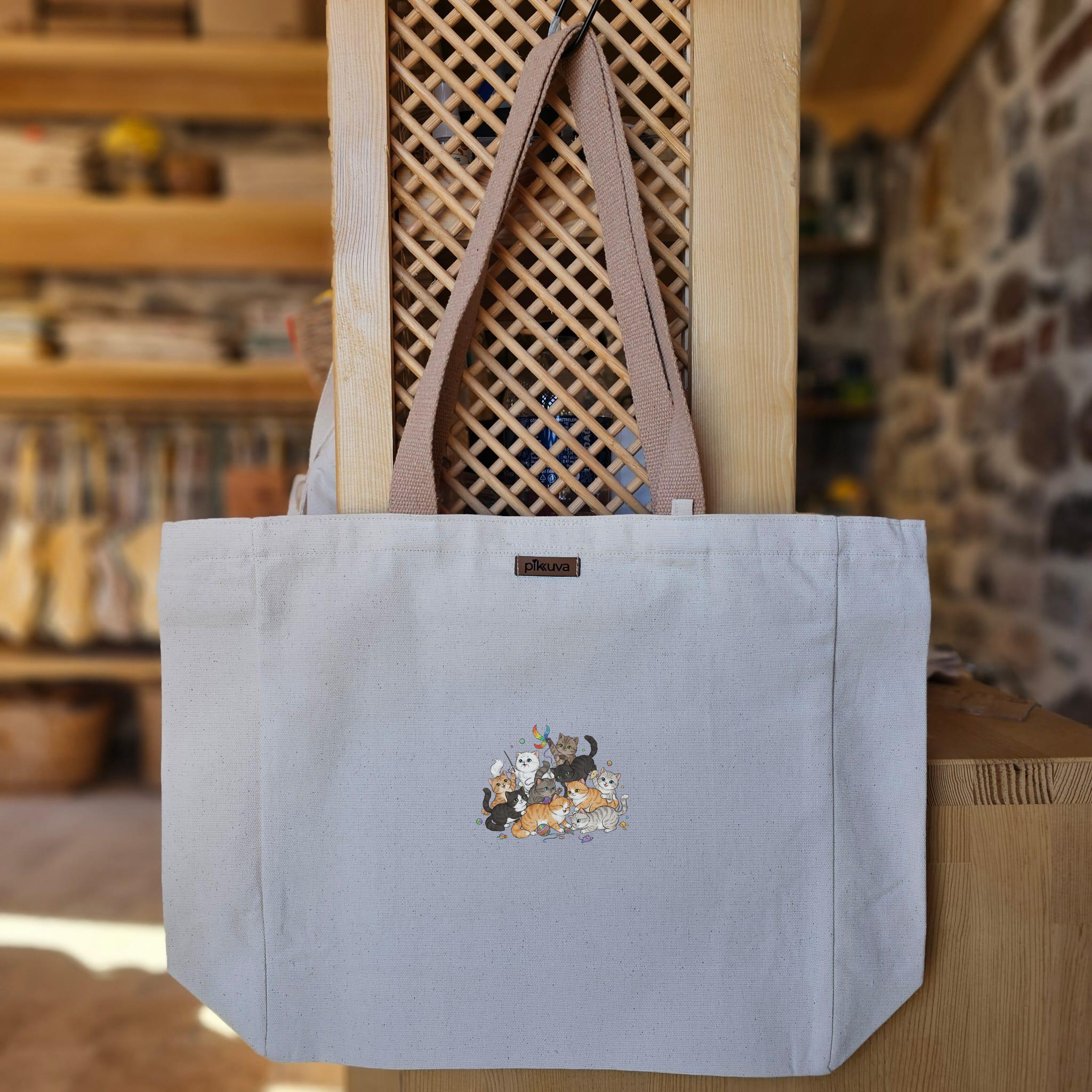 Natural Canvas Tote Bag, Light Brown Handles, White Velcro, Water Bottle Holder