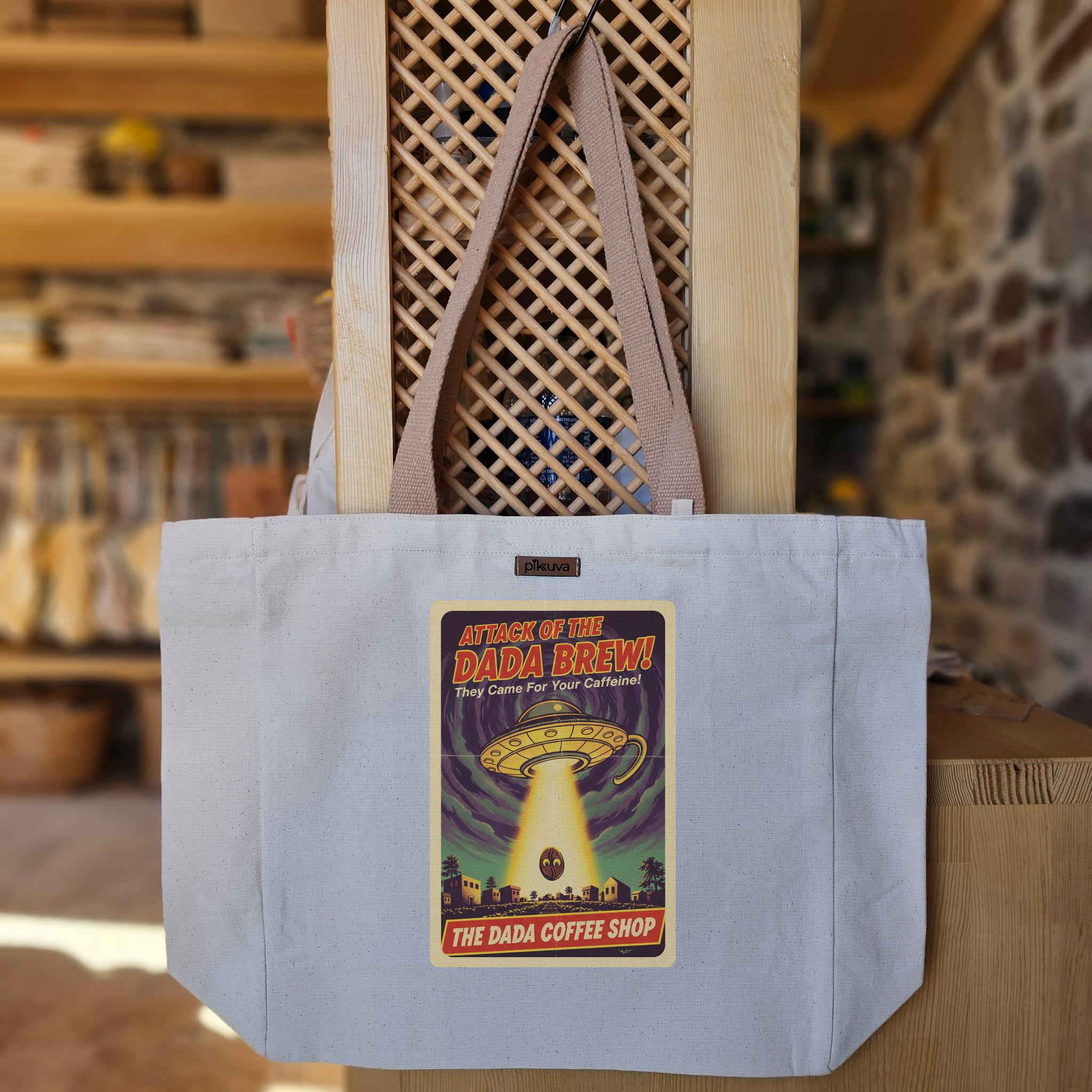 Natural Canvas Tote Bag, Light Brown Handles, White Velcro, Water Bottle Holder — 20x24