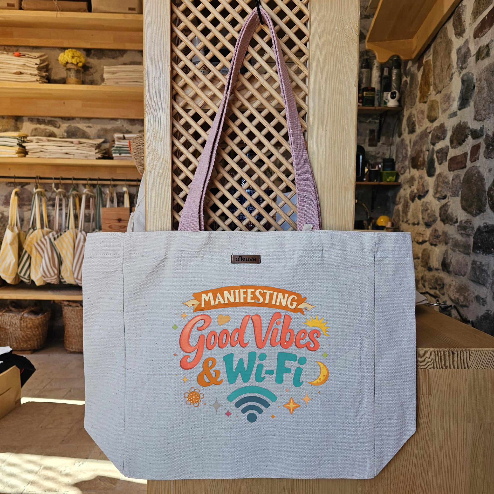 Natural Canvas Tote Bag, Powder Handle, White Velcro, Water Bottle Holder — 24x20