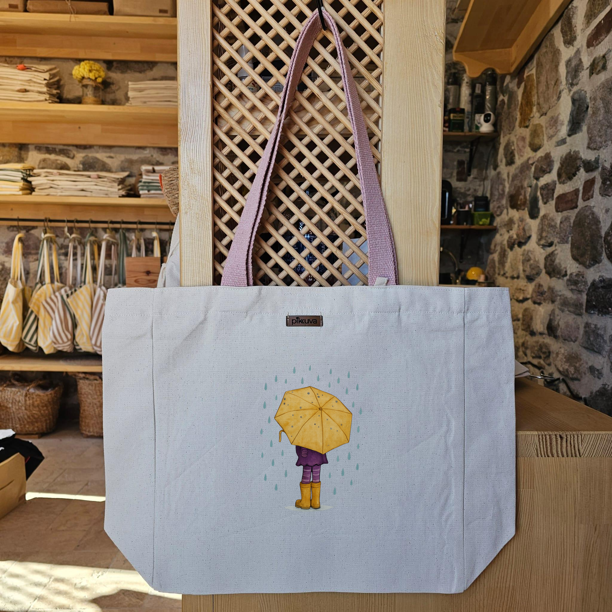 Natural Canvas Tote Bag, Powder Handle, White Velcro, Water Bottle Holder — 12x20