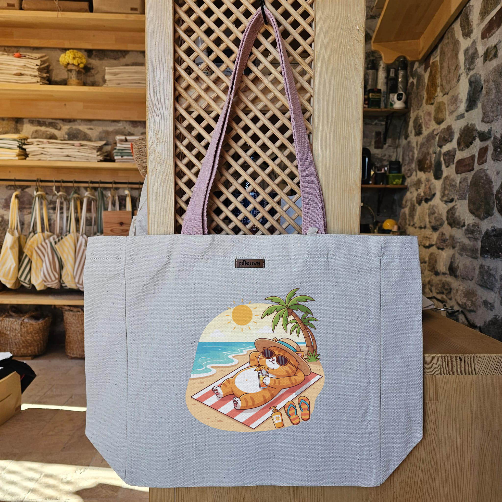 Natural Canvas Tote Bag, Powder Handle, White Velcro, Water Bottle Holder — 20x24