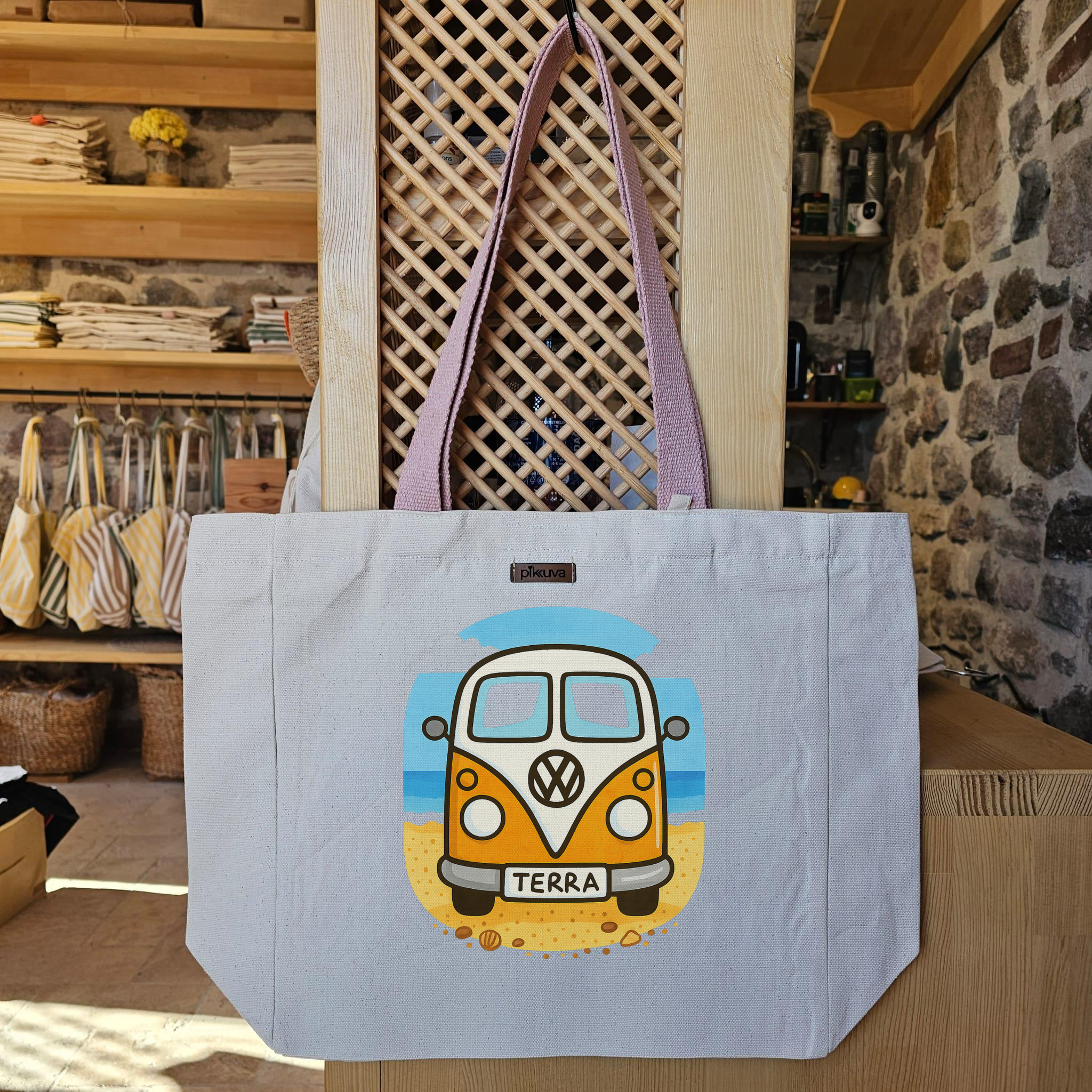 Natural Canvas Tote Bag, Powder Handle, White Velcro, Water Bottle Holder — 20x24