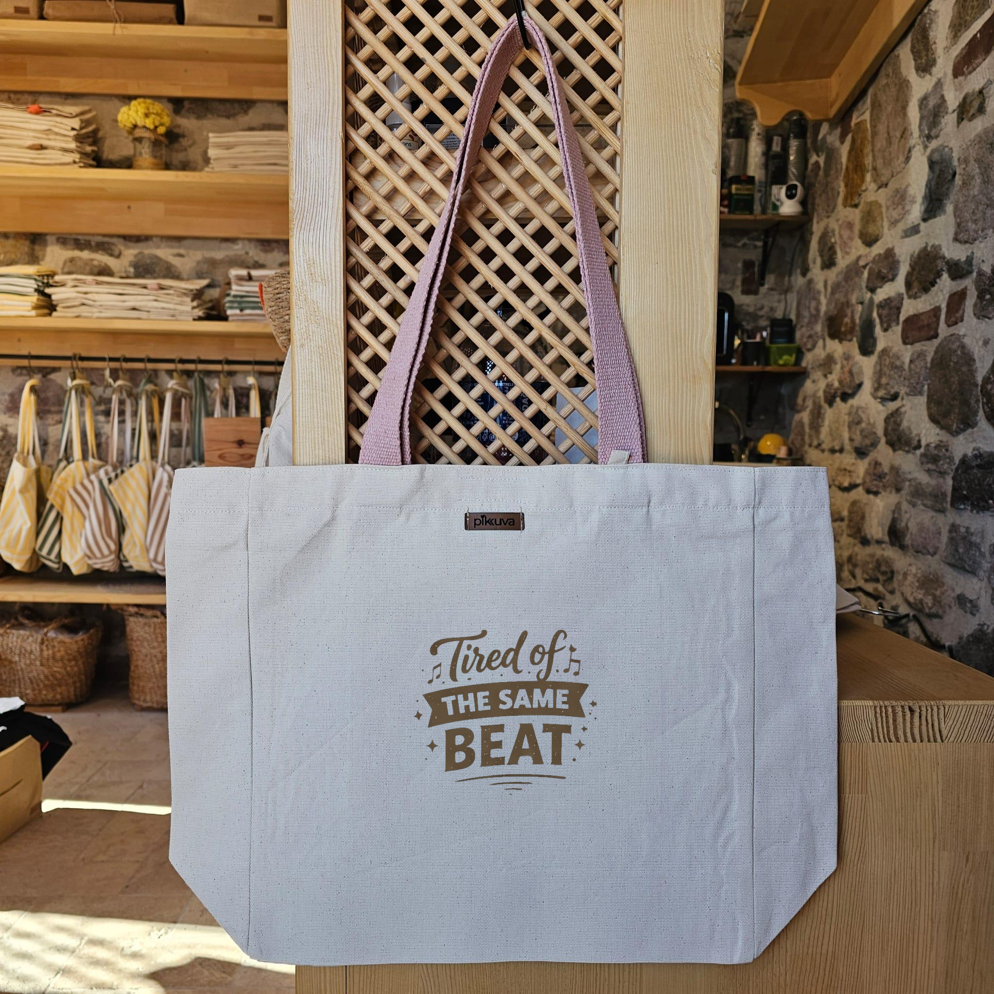 Natural Canvas Tote Bag, Powder Handle, White Velcro, Water Bottle Holder
