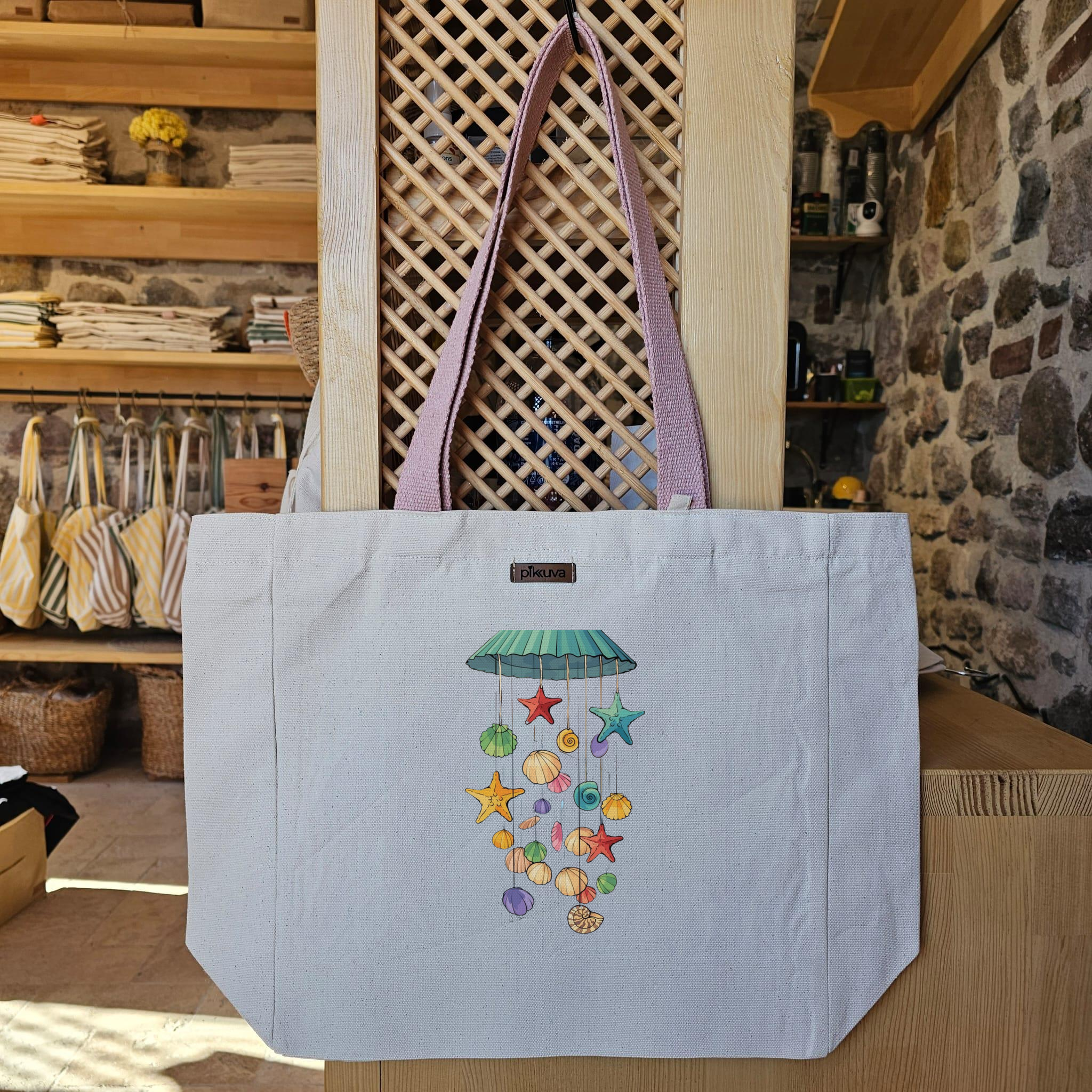 Natural Canvas Tote Bag, Powder Handle, White Velcro, Water Bottle Holder — 12x20