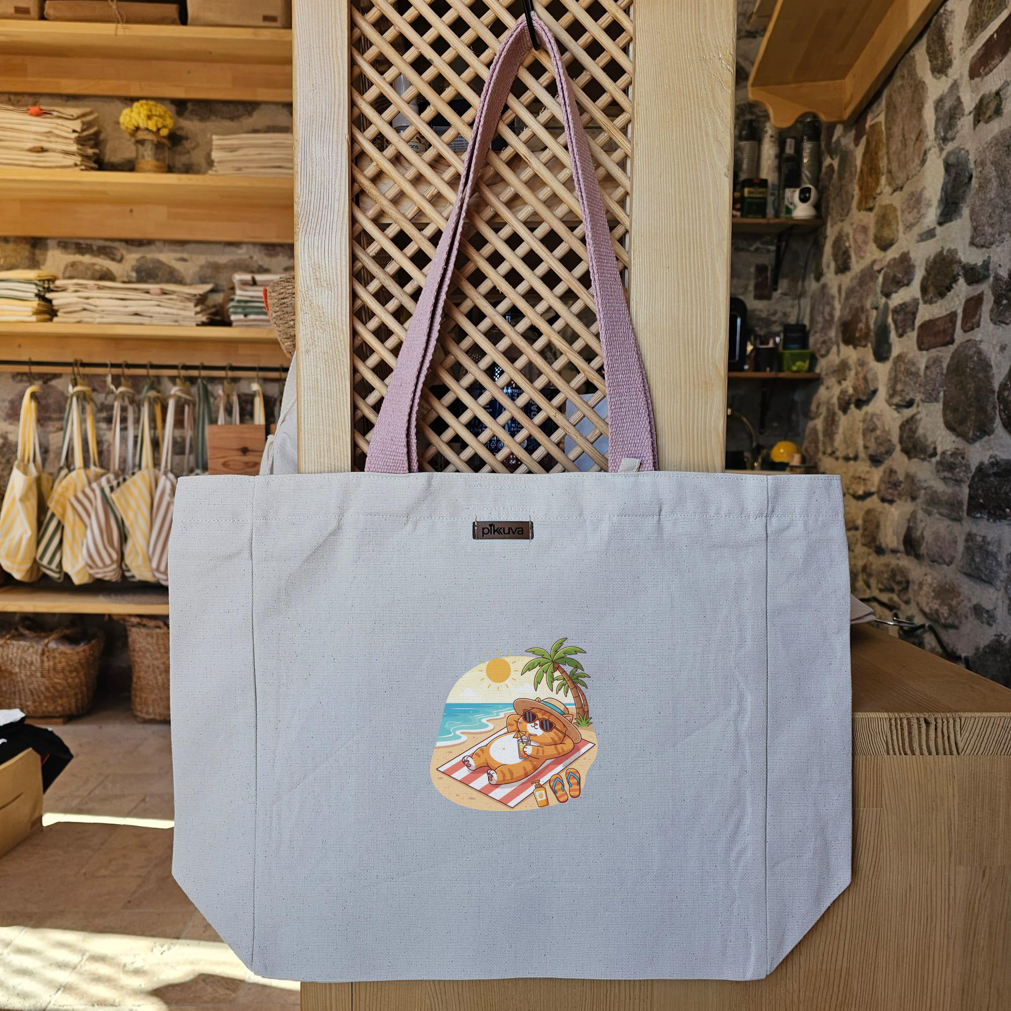 Natural Canvas Tote Bag, Powder Handle, White Velcro, Water Bottle Holder — 12x20