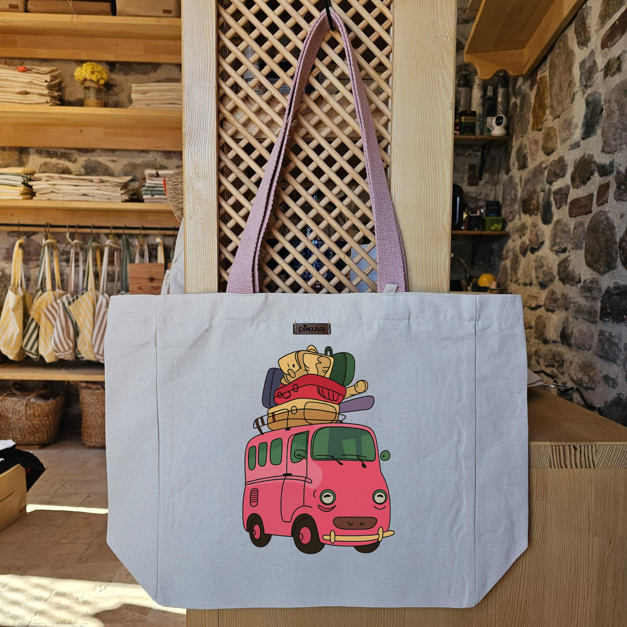 Natural Canvas Tote Bag, Powder Handle, White Velcro, Water Bottle Holder — 20x24
