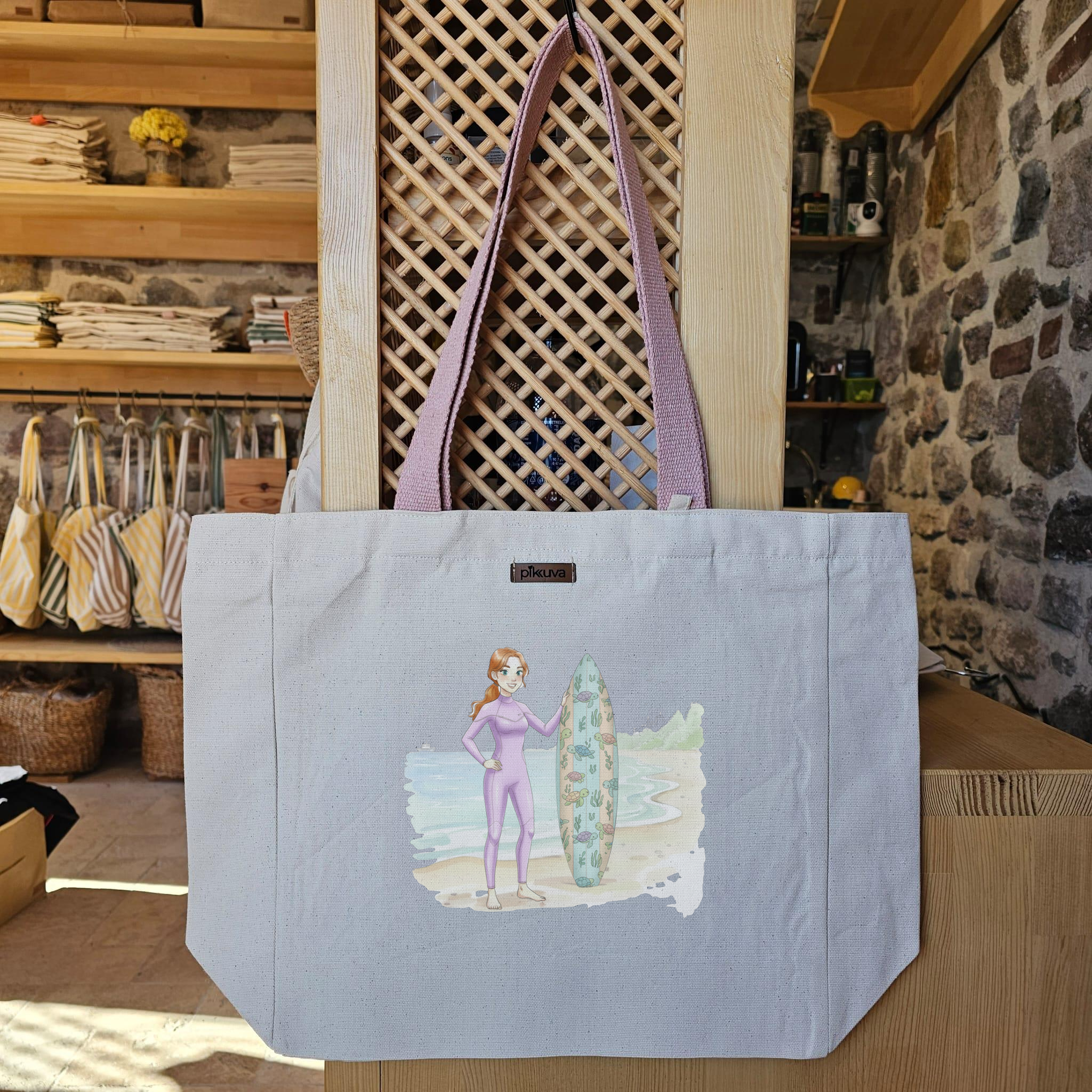 Natural Canvas Tote Bag, Powder Handle, White Velcro, Water Bottle Holder — 20x24