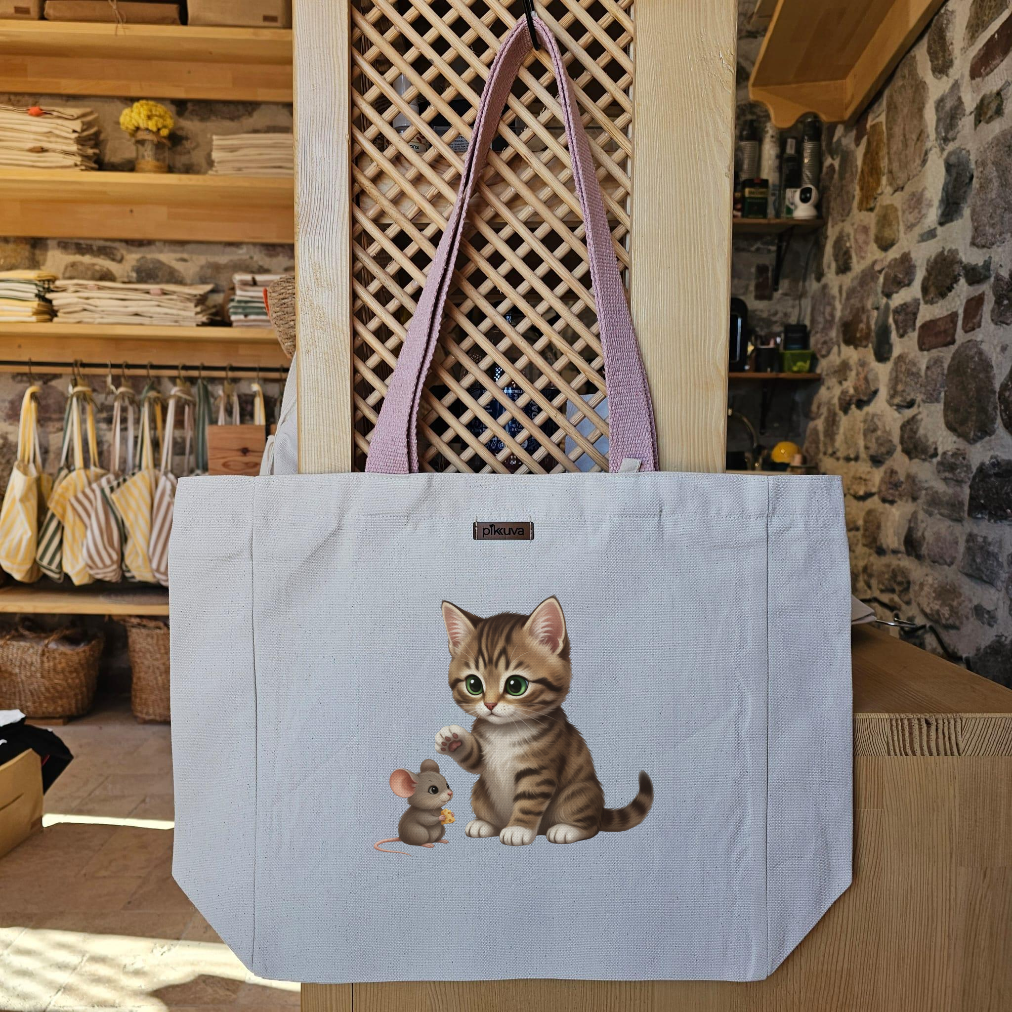 Natural Canvas Tote Bag, Powder Handle, White Velcro, Water Bottle Holder — 20x24
