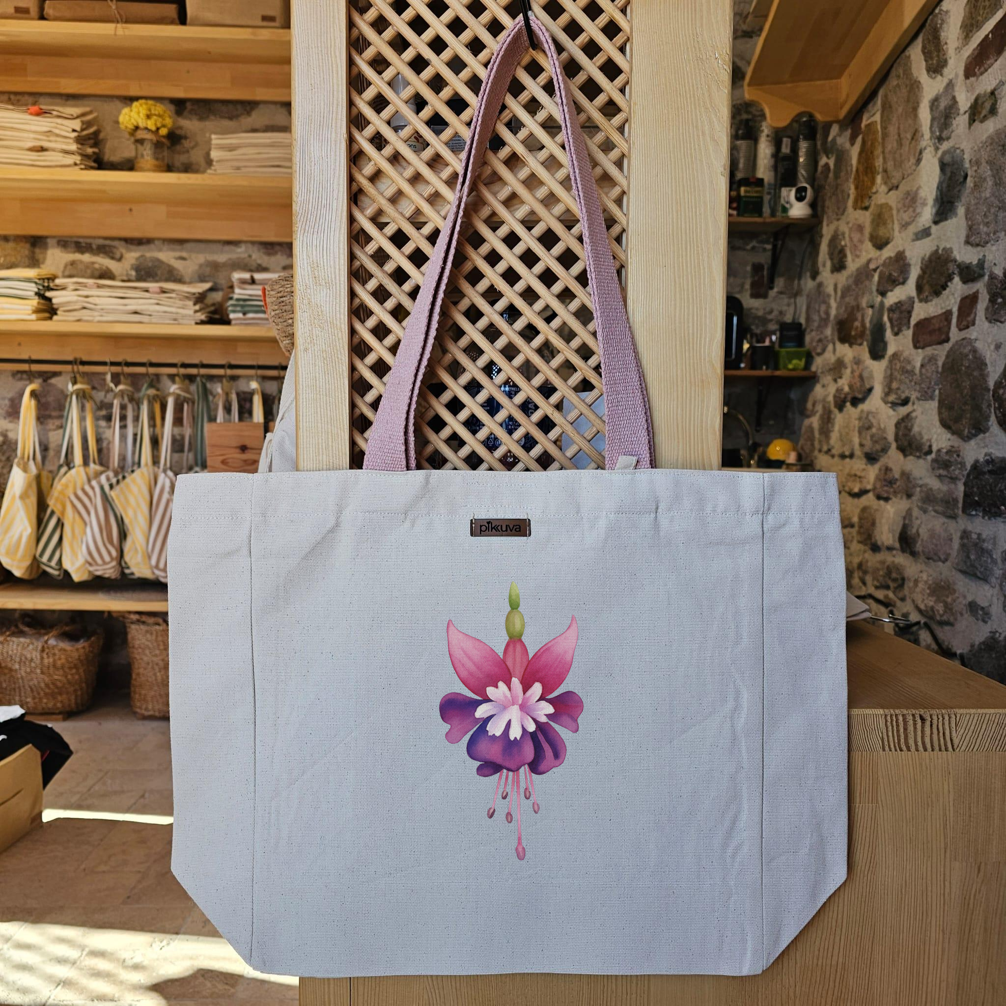Renkli Fuchsia Çiçeği Tasarımı flower Baskılı Naturel Kanvas Bez Çanta Pudra Sap Beyaz Cırt Cırtlı Suluk Tutuculu — 12x20