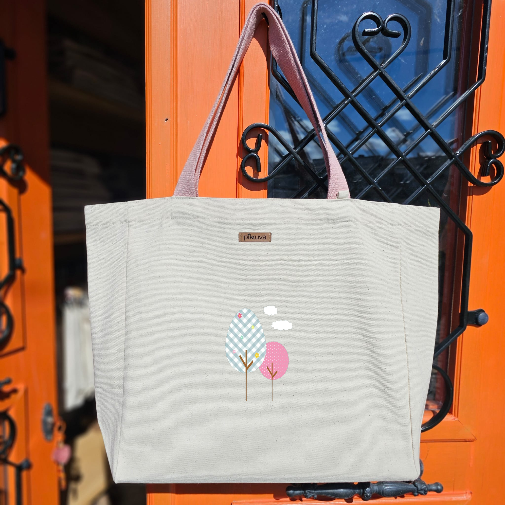 Natural Canvas Tote Bag, Powder Handle, White Velcro, Water Bottle Holder