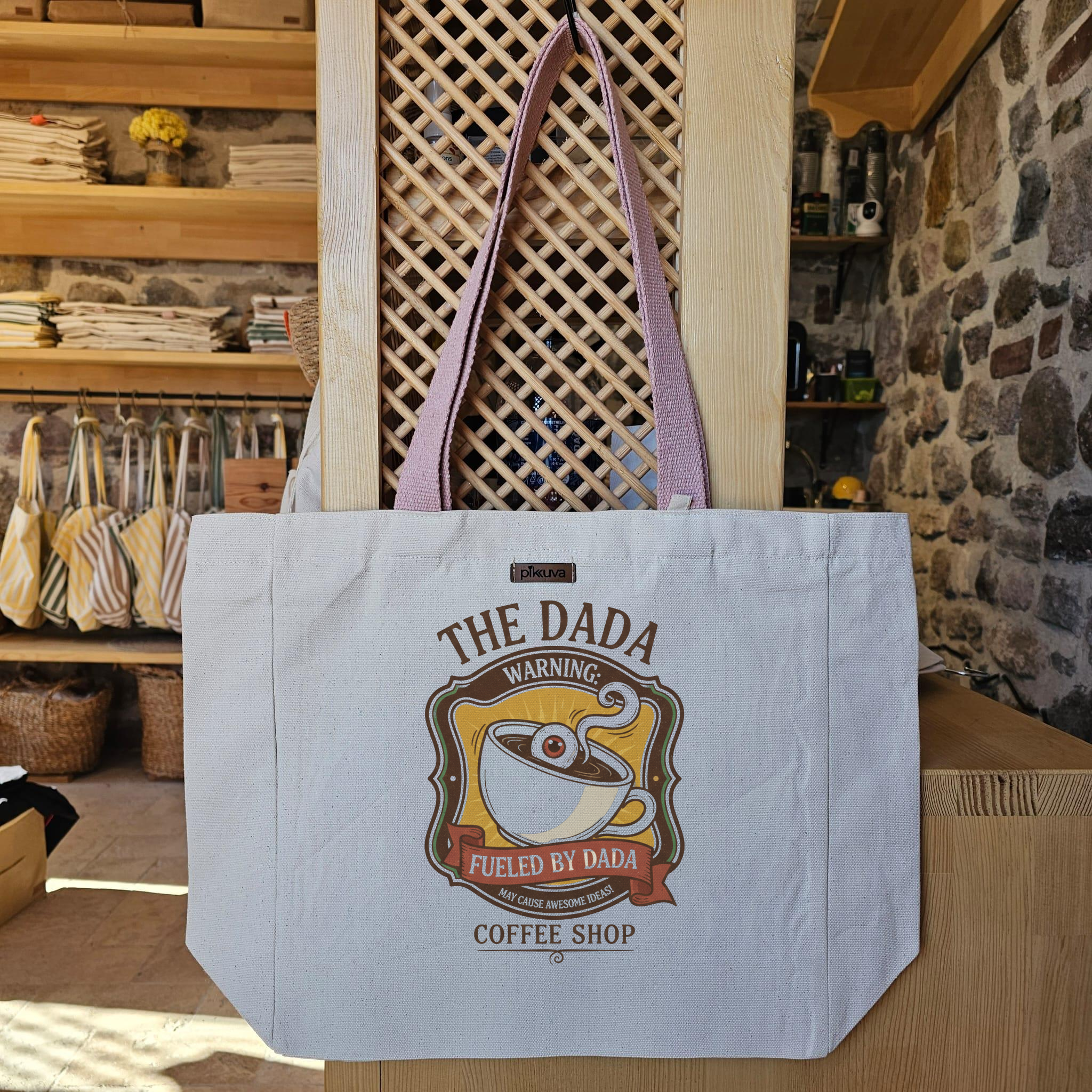 Natural Canvas Tote Bag, Powder Handle, White Velcro, Water Bottle Holder — 20x24