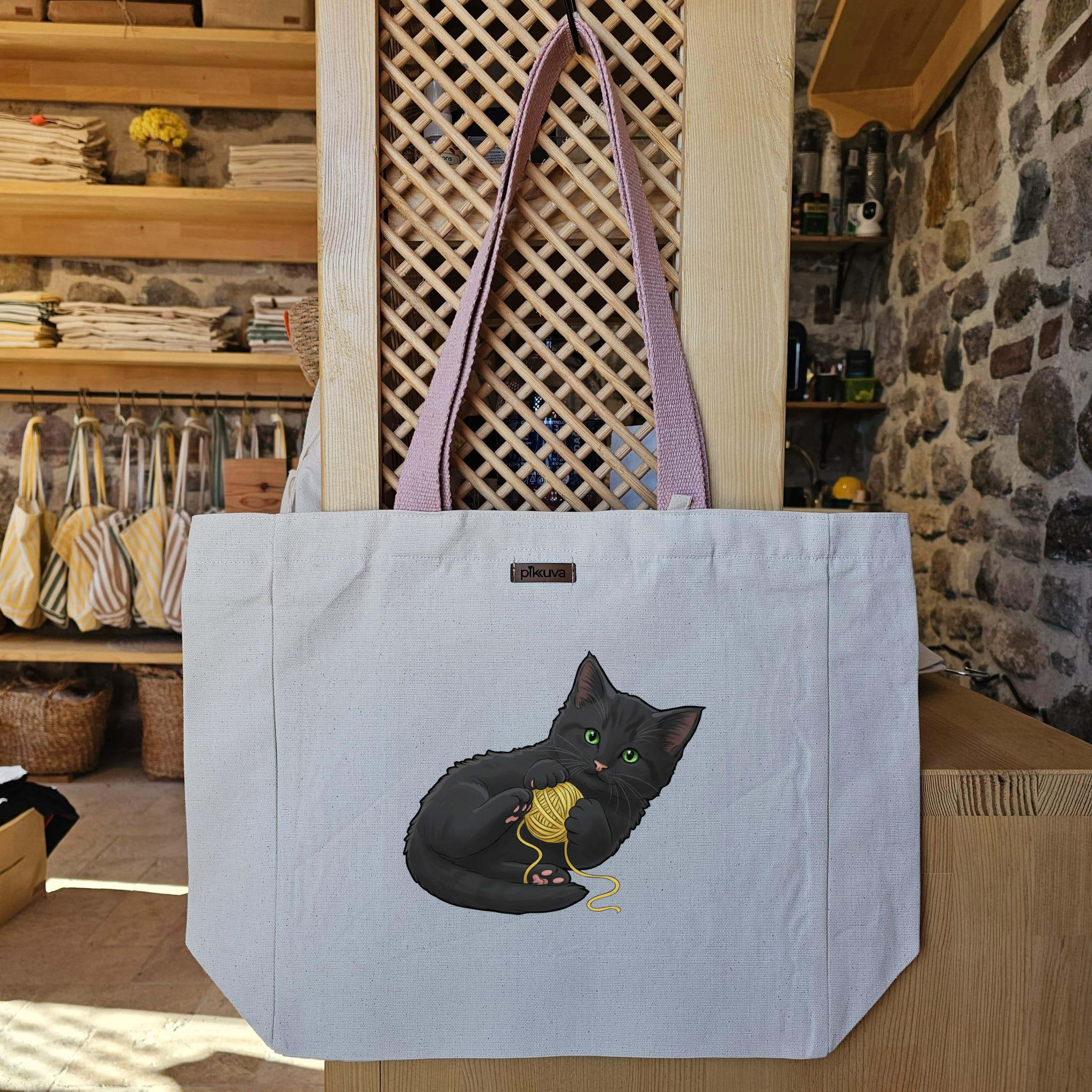 Natural Canvas Tote Bag, Powder Handle, White Velcro, Water Bottle Holder — 20x24