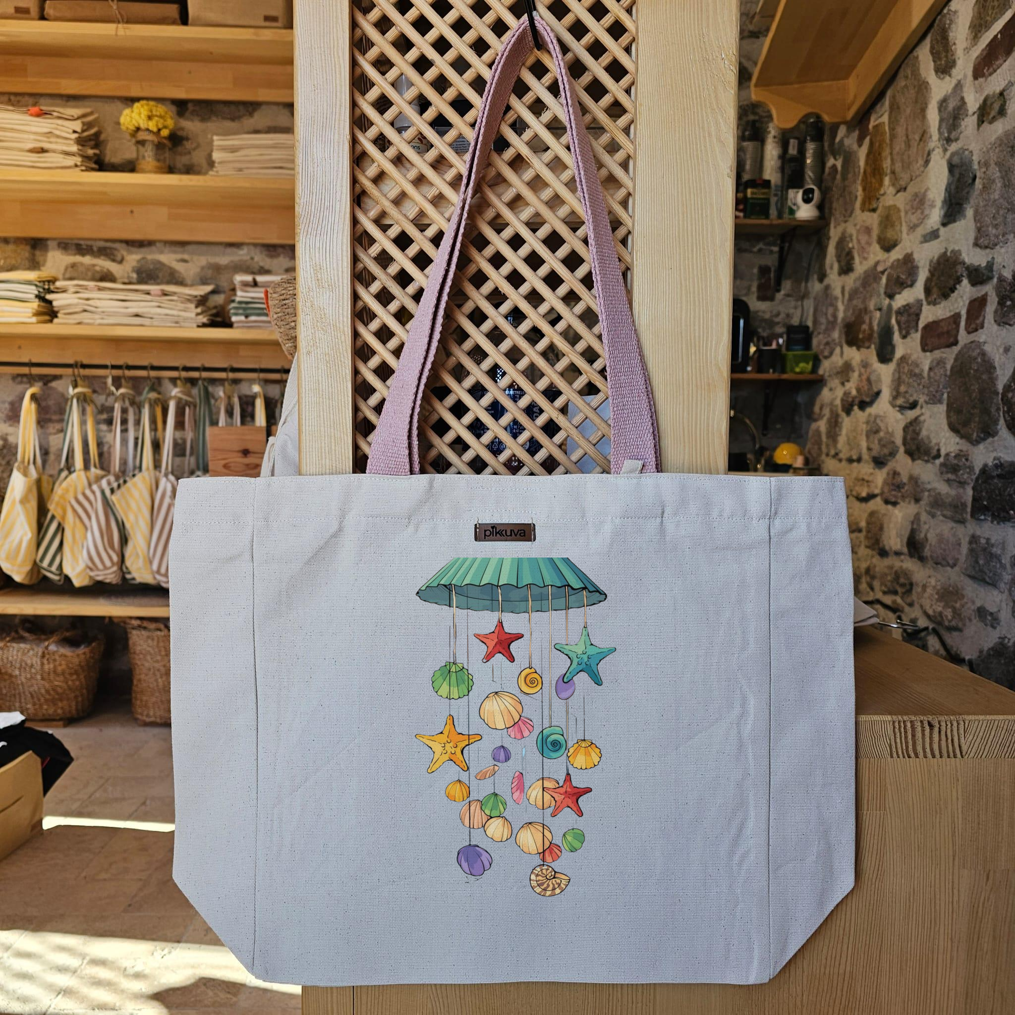 Natural Canvas Tote Bag, Powder Handle, White Velcro, Water Bottle Holder — 20x24