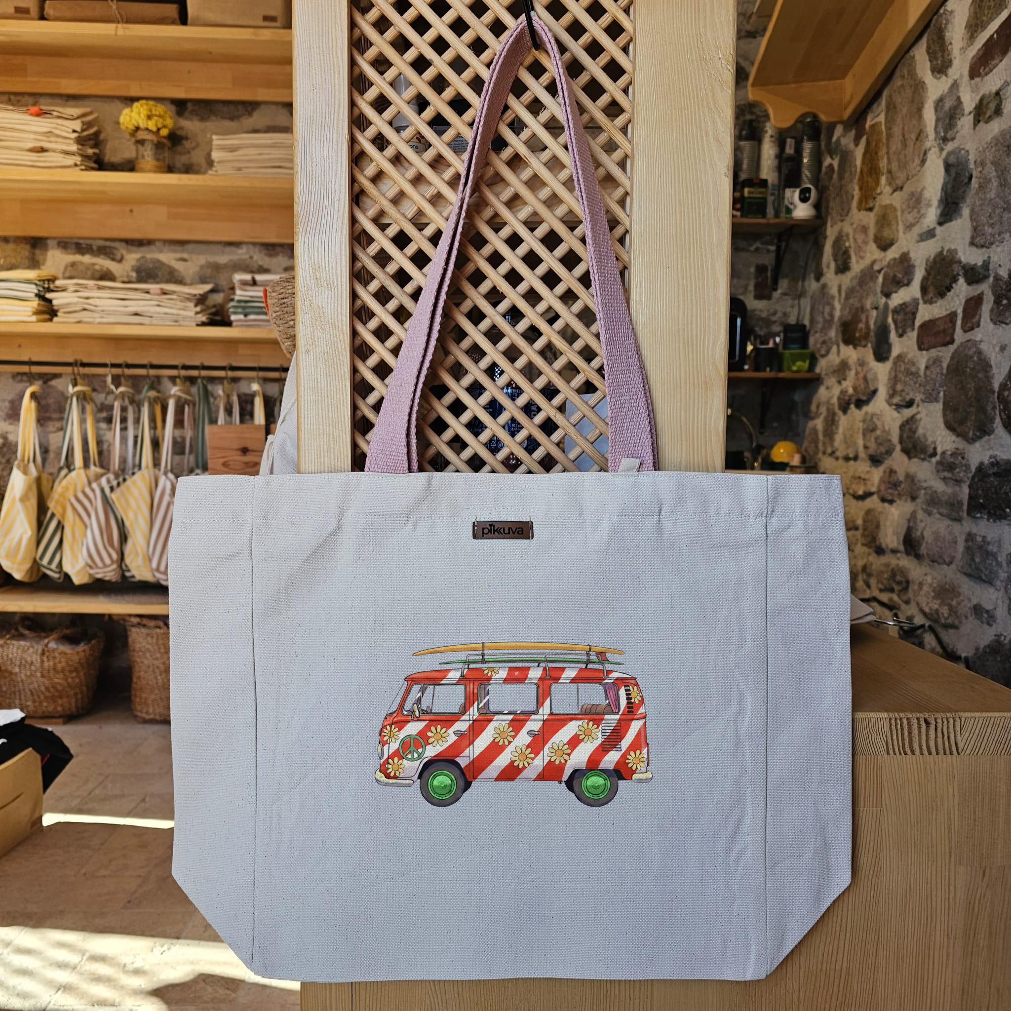 Natural Canvas Tote Bag, Powder Handle, White Velcro, Water Bottle Holder — 20x12
