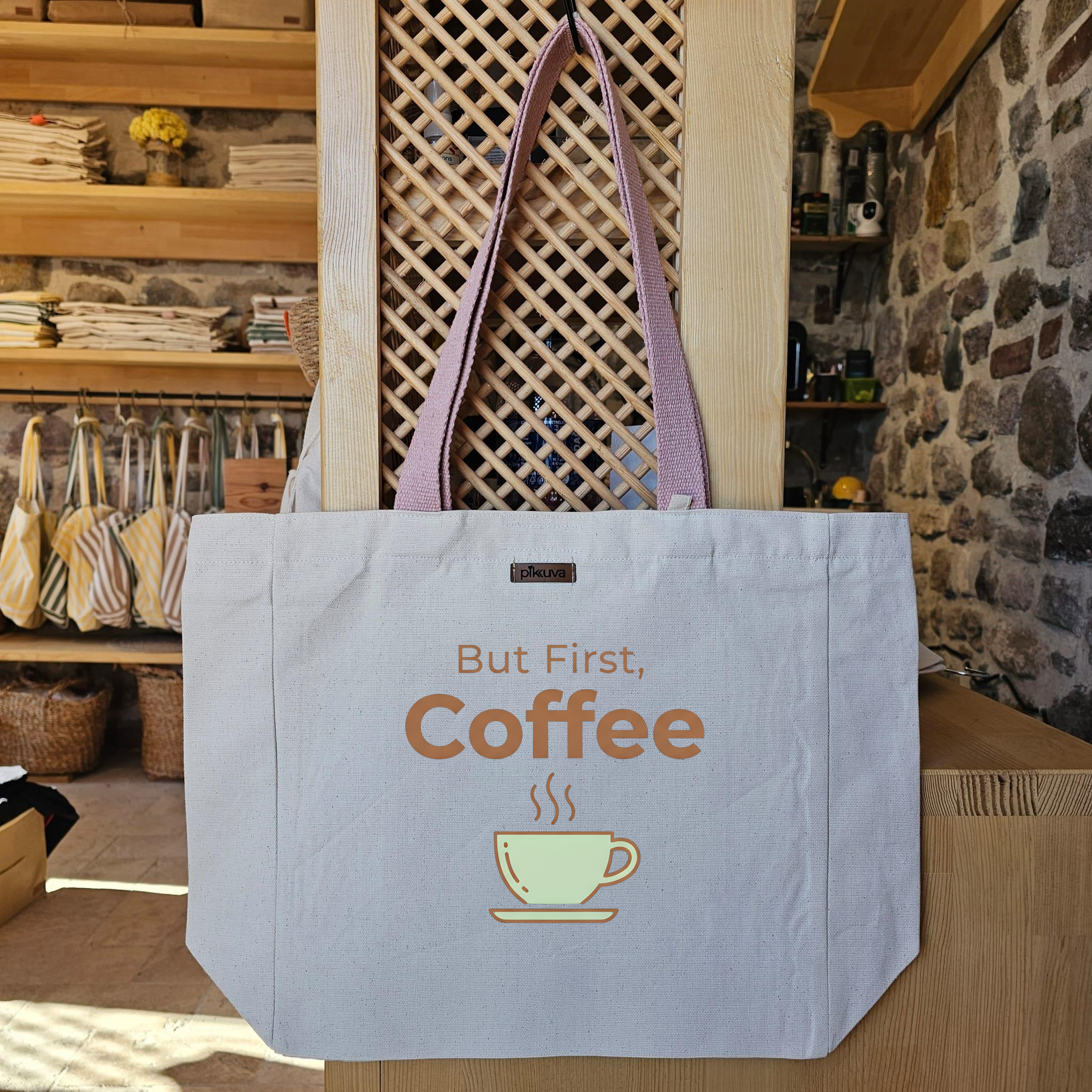 Natural Canvas Tote Bag, Powder Handle, White Velcro, Water Bottle Holder — 20x24