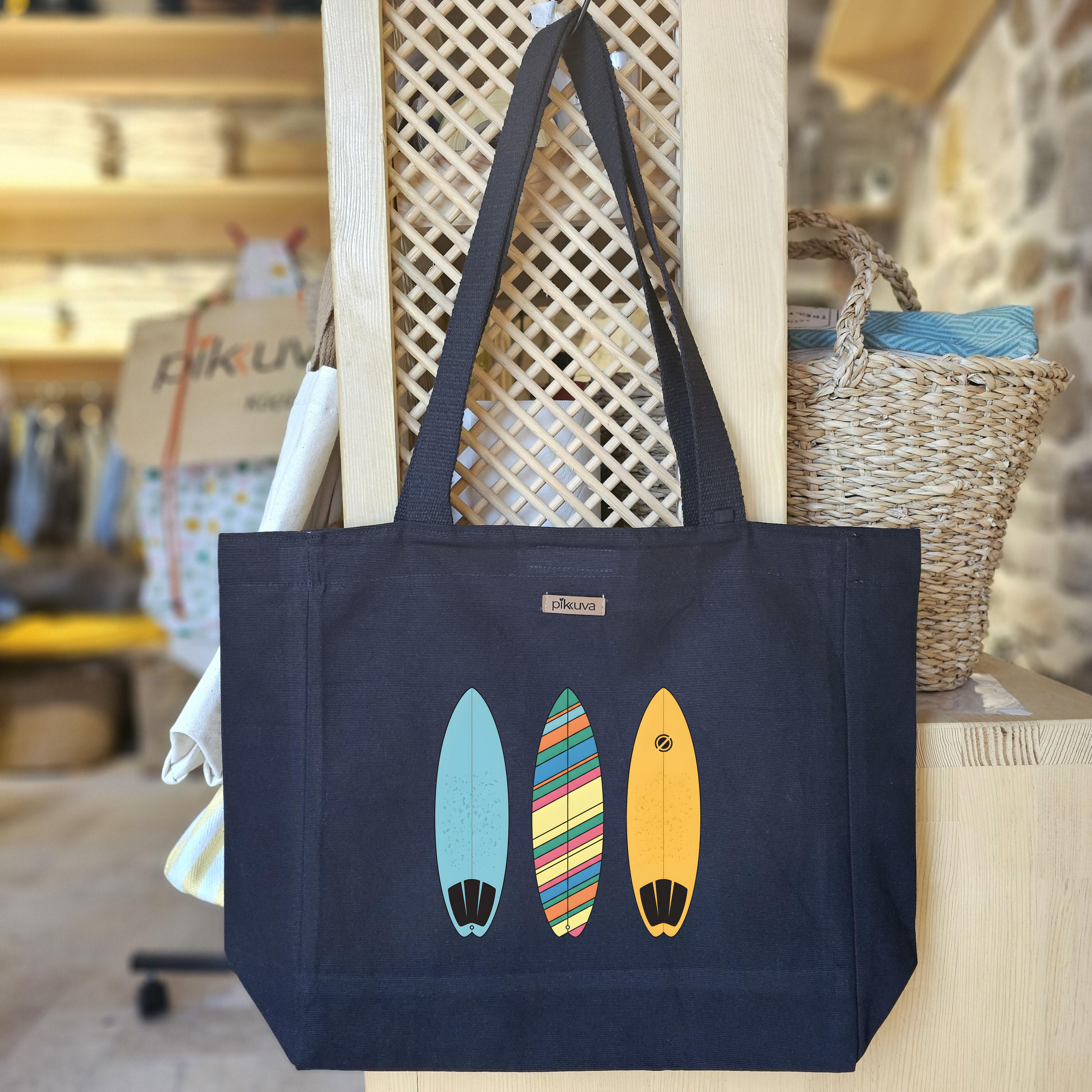 Black Canvas Tote Bag, Black Handle, Gray and White Checkered Lining, Black Velcro, Water Bottle Holder — 24x20