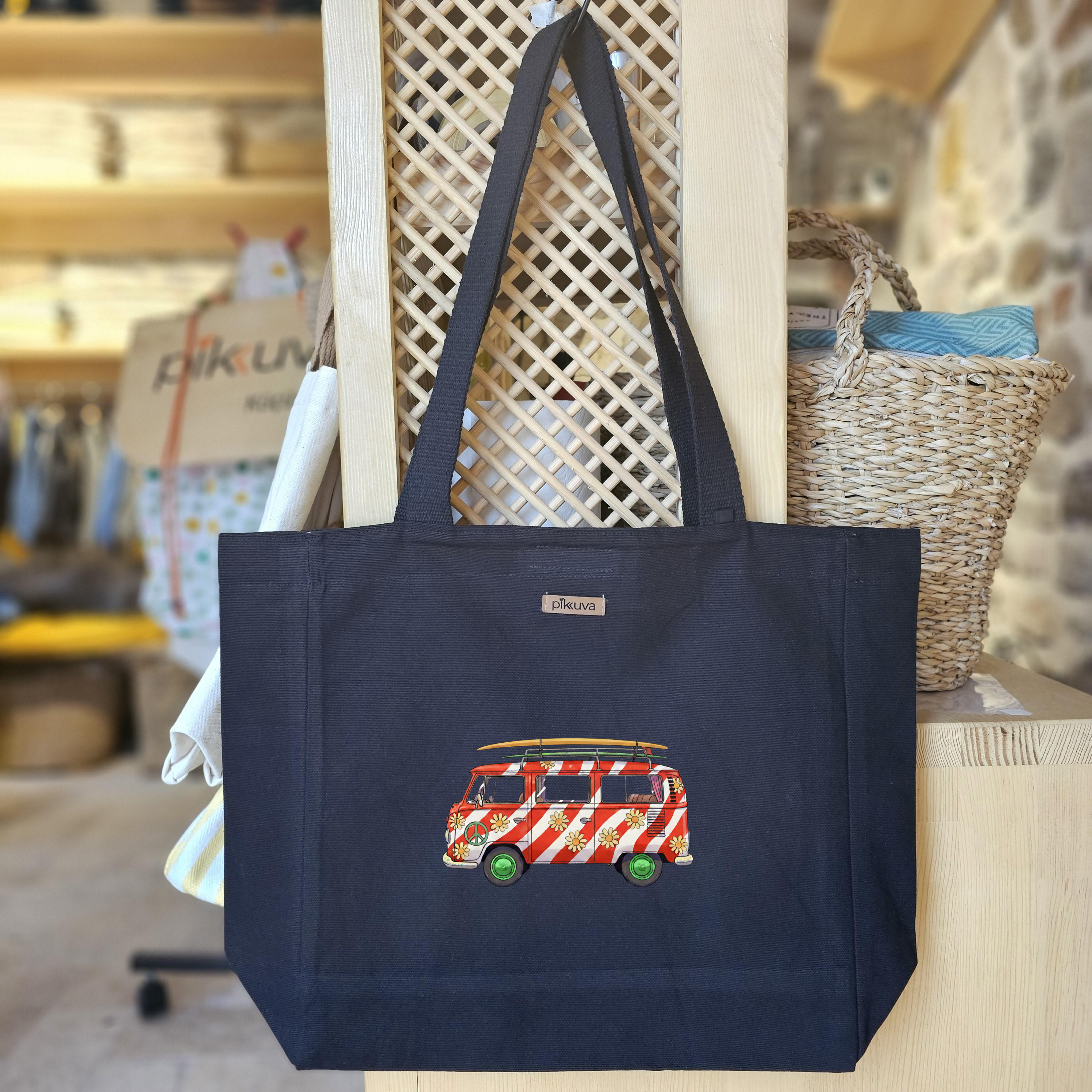 Black Canvas Tote Bag, Black Handle, Gray and White Checkered Lining, Black Velcro, Water Bottle Holder — 20x12