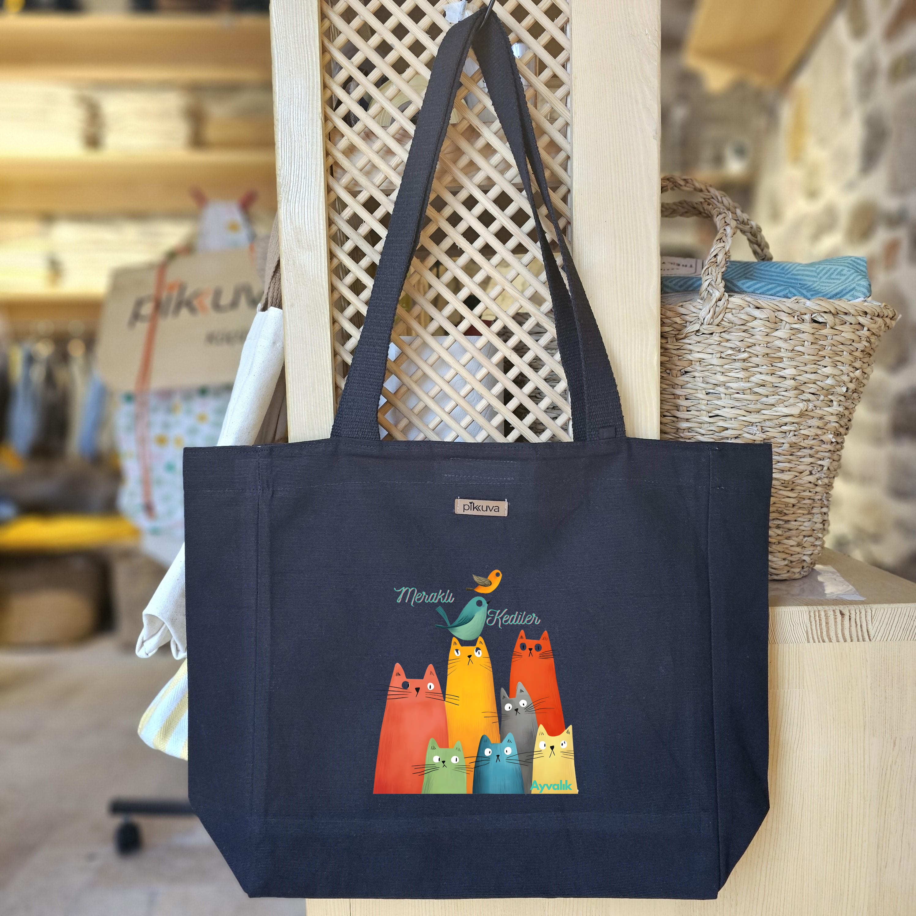 Black Canvas Tote Bag, Black Handle, Gray and White Checkered Lining, Black Velcro, Water Bottle Holder — 20x24