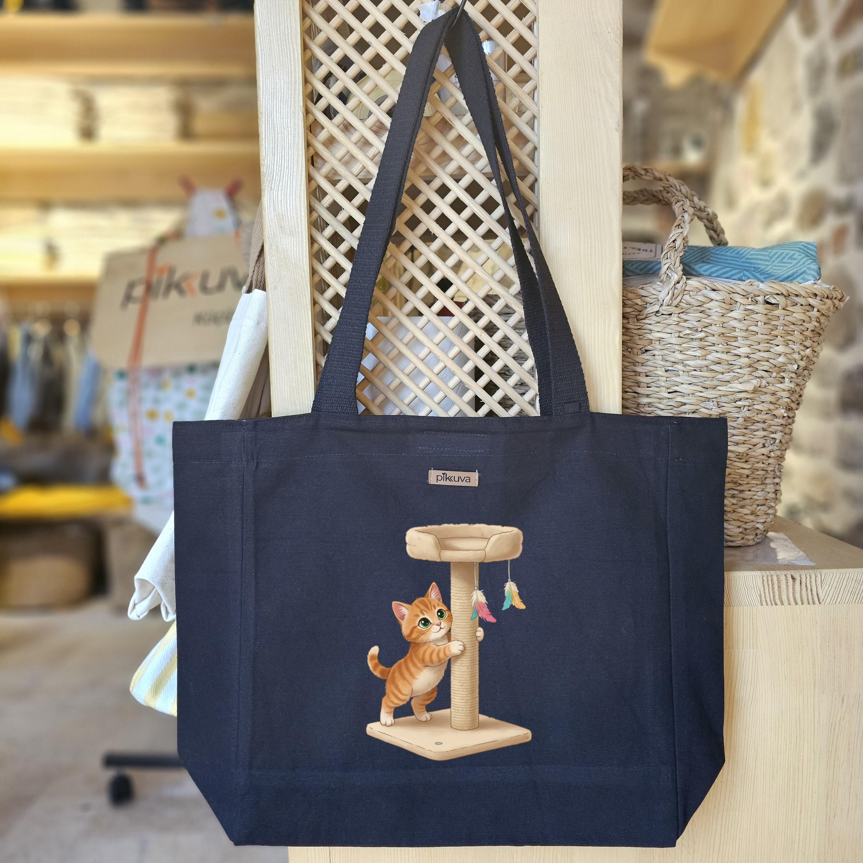 Black Canvas Tote Bag, Black Handle, Gray and White Checkered Lining, Black Velcro, Water Bottle Holder — 20x24