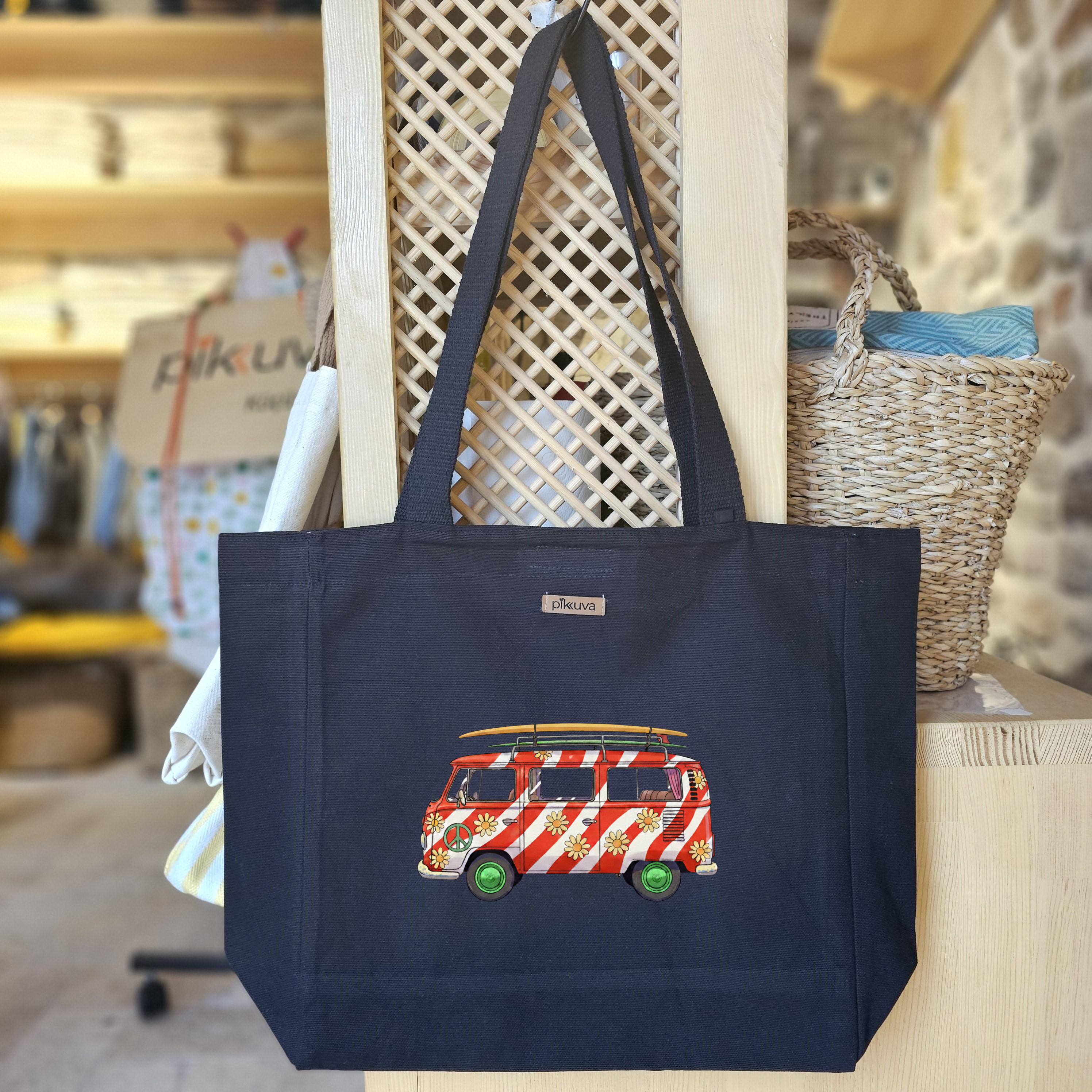 Black Canvas Tote Bag, Black Handle, Gray and White Checkered Lining, Black Velcro, Water Bottle Holder — 24x20