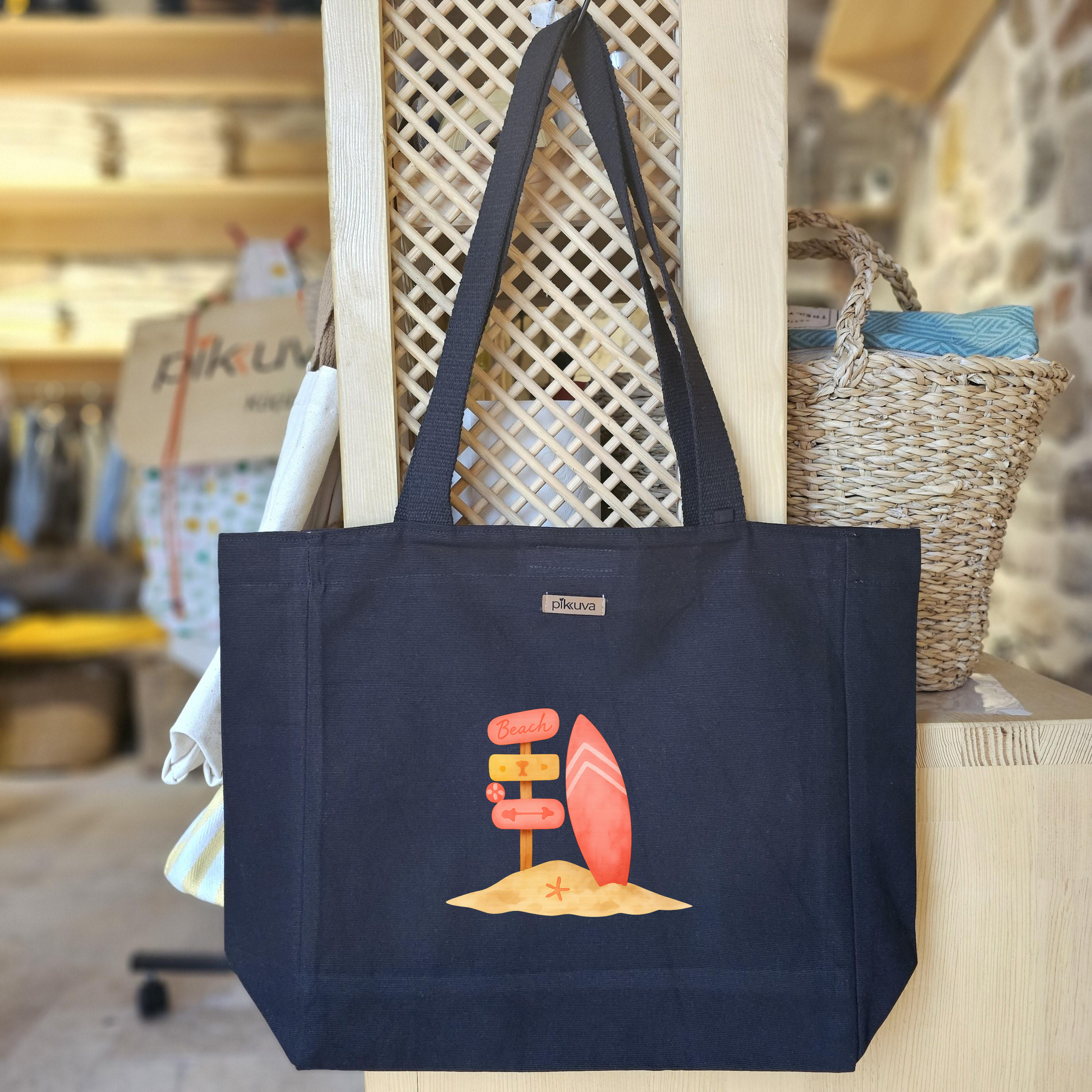 Black Canvas Tote Bag, Black Handle, Gray and White Checkered Lining, Black Velcro, Water Bottle Holder — 20x24