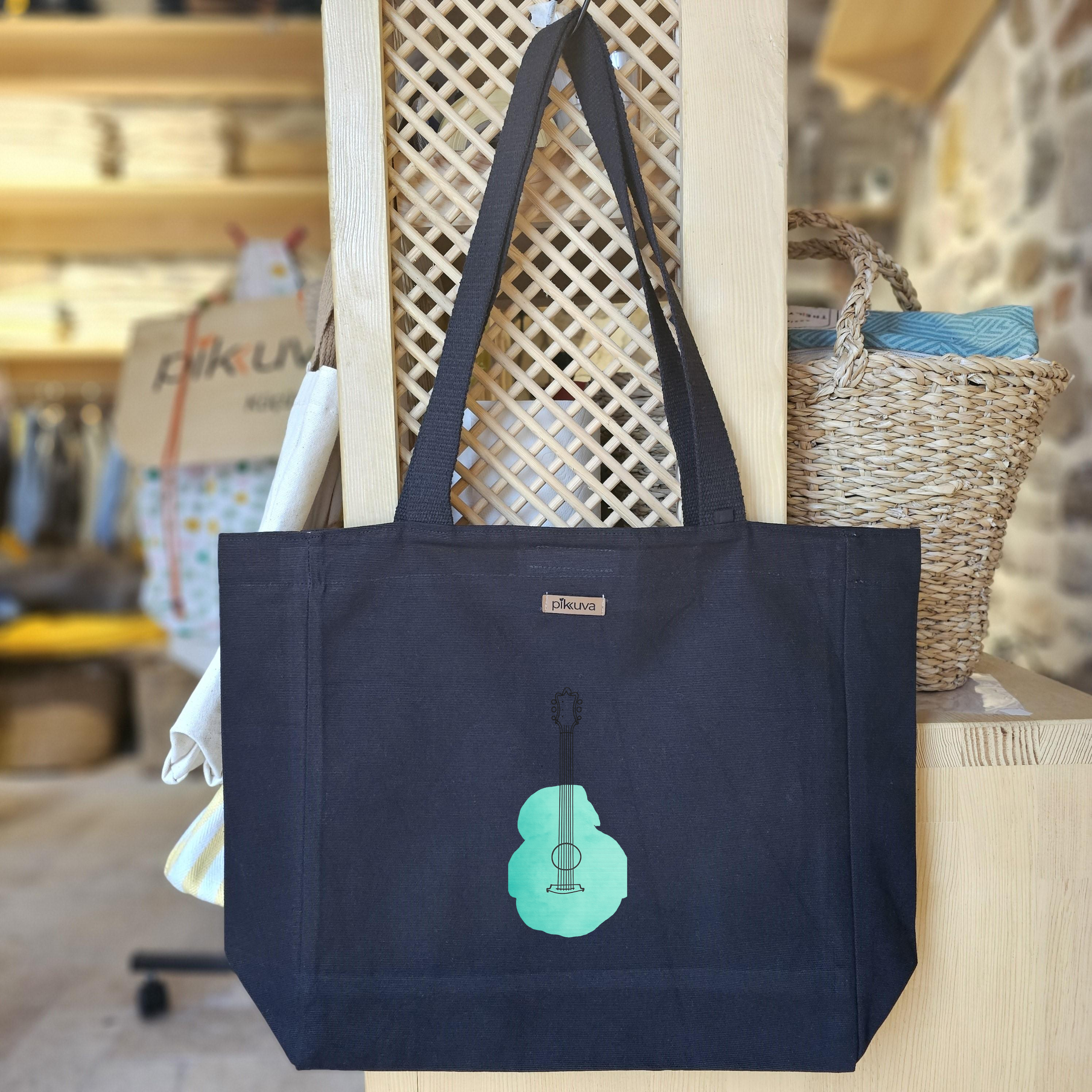 Black Canvas Tote Bag, Black Handle, Gray and White Checkered Lining, Black Velcro, Water Bottle Holder — 12x20
