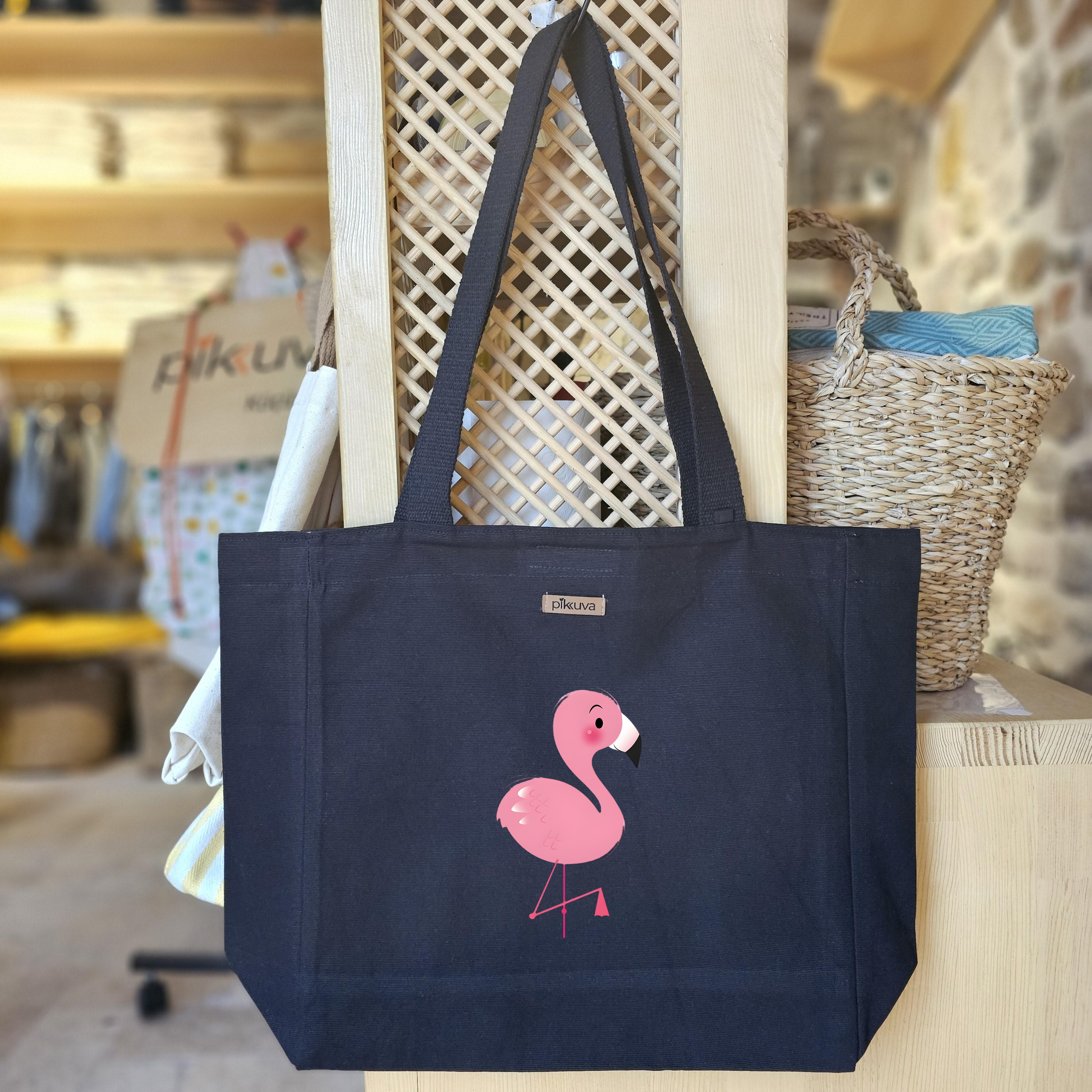 Black Canvas Tote Bag, Black Handle, Gray and White Checkered Lining, Black Velcro, Water Bottle Holder — 12x20