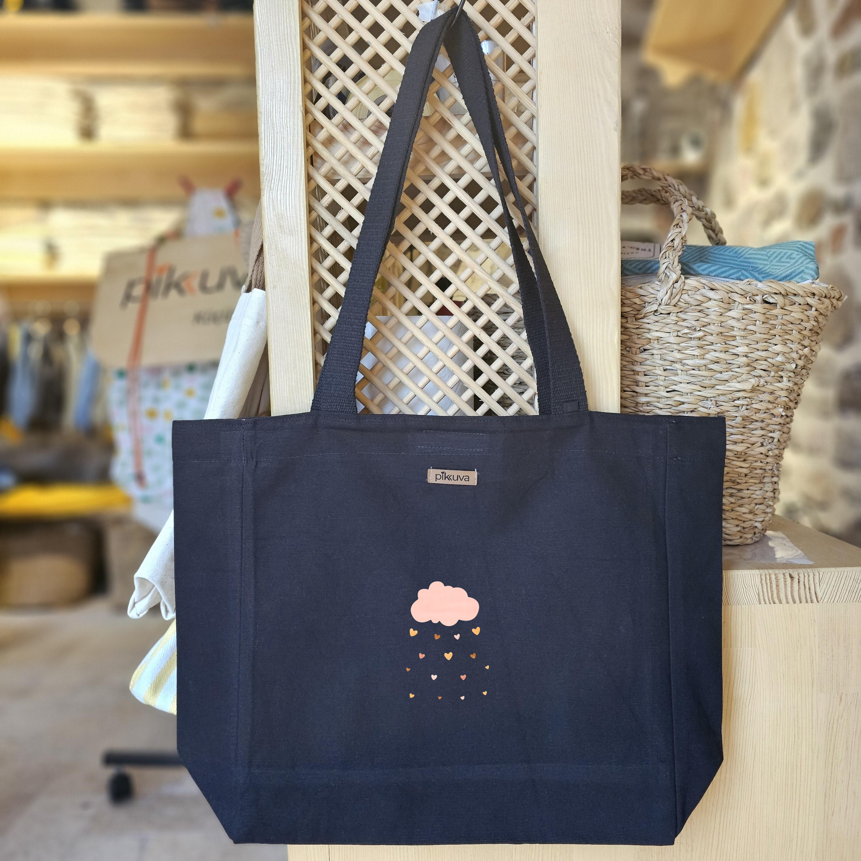 Black Canvas Tote Bag, Black Handle, Gray and White Checkered Lining, Black Velcro, Water Bottle Holder