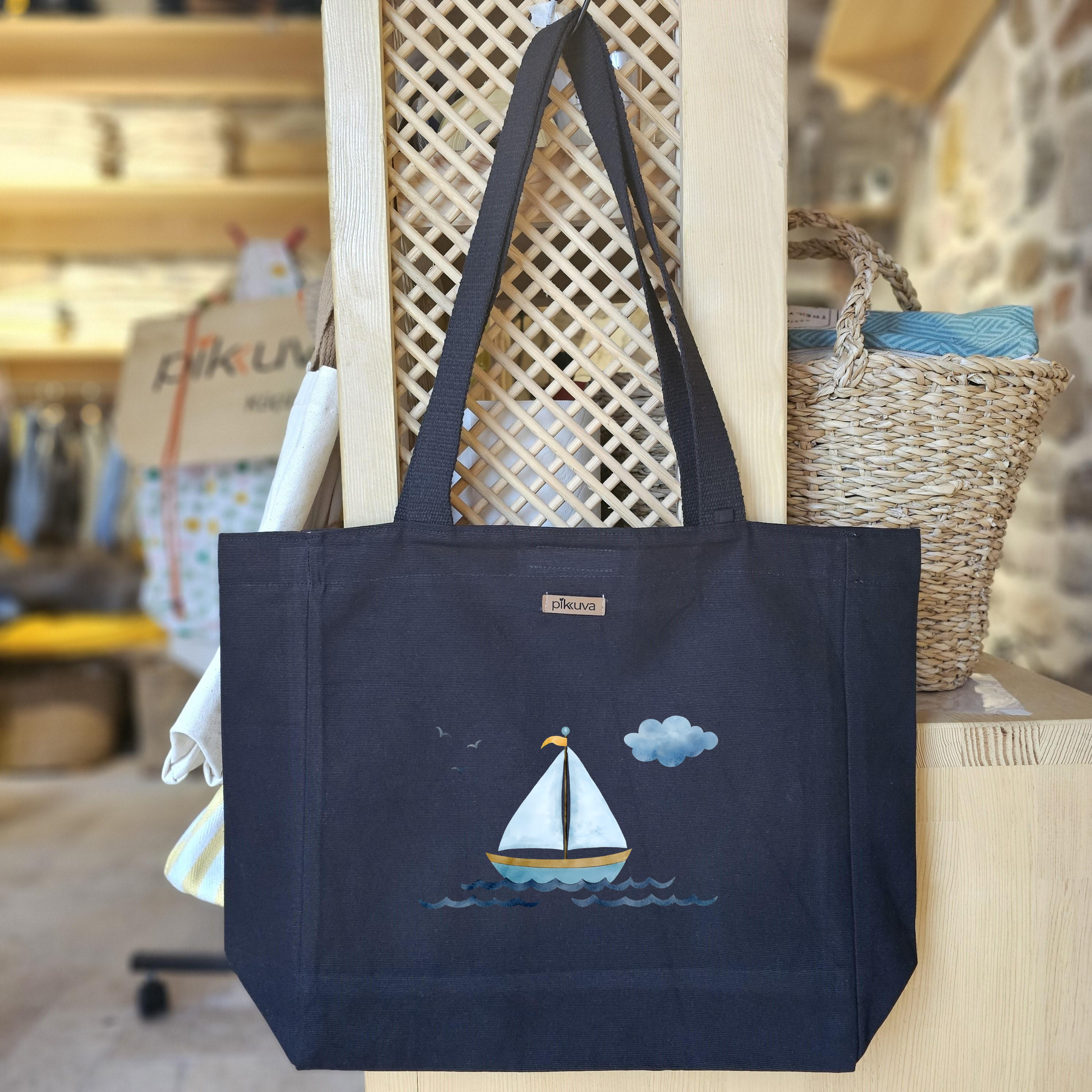 Black Canvas Tote Bag, Black Handle, Gray and White Checkered Lining, Black Velcro, Water Bottle Holder — 24x20