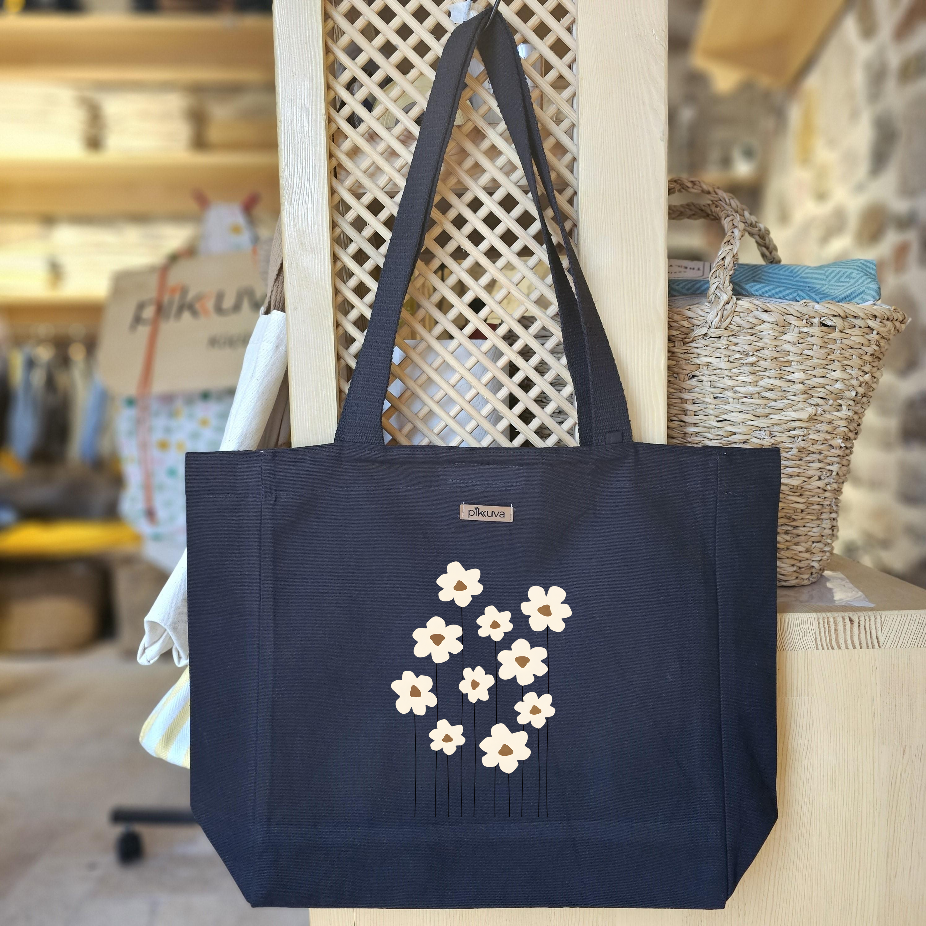 Black Canvas Tote Bag, Black Handle, Gray and White Checkered Lining, Black Velcro, Water Bottle Holder — 20x24
