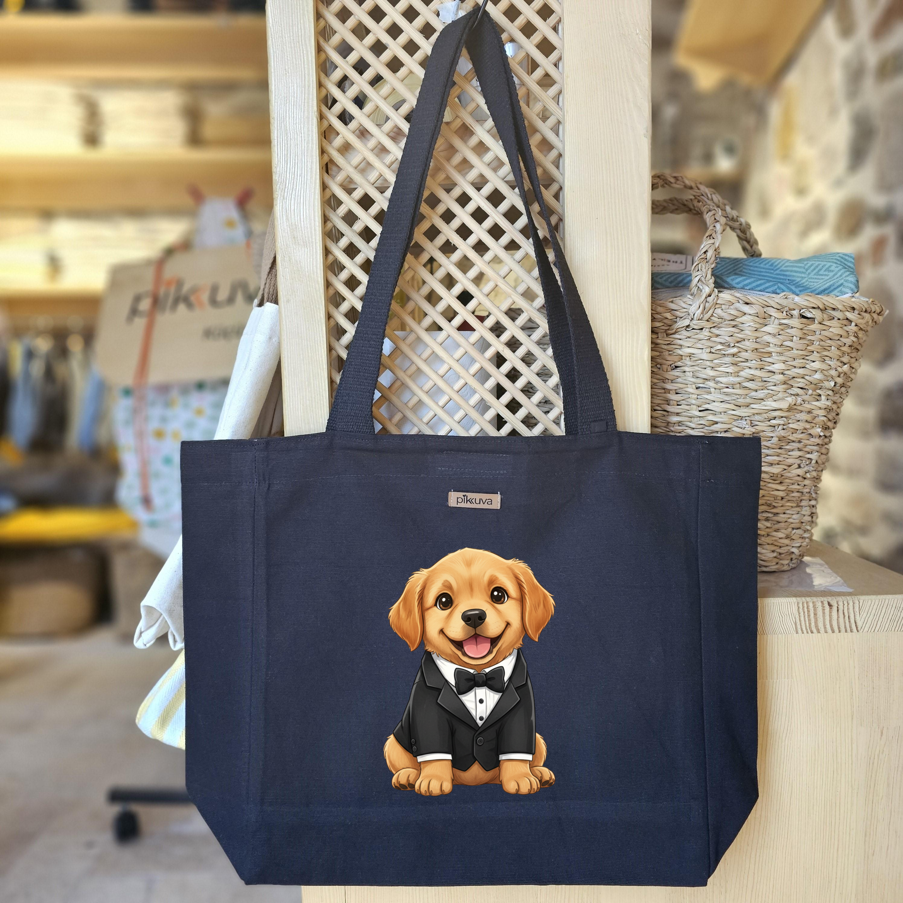 Şık Tuxedo ile Gülümseyen Yavru Köpek Baskılı Siyah Kanvas Bez Çanta Sap Gri̇ Beyaz Kareli̇ Astarlı Cırt Cırtlı Suluk Tutuculu — 20x24