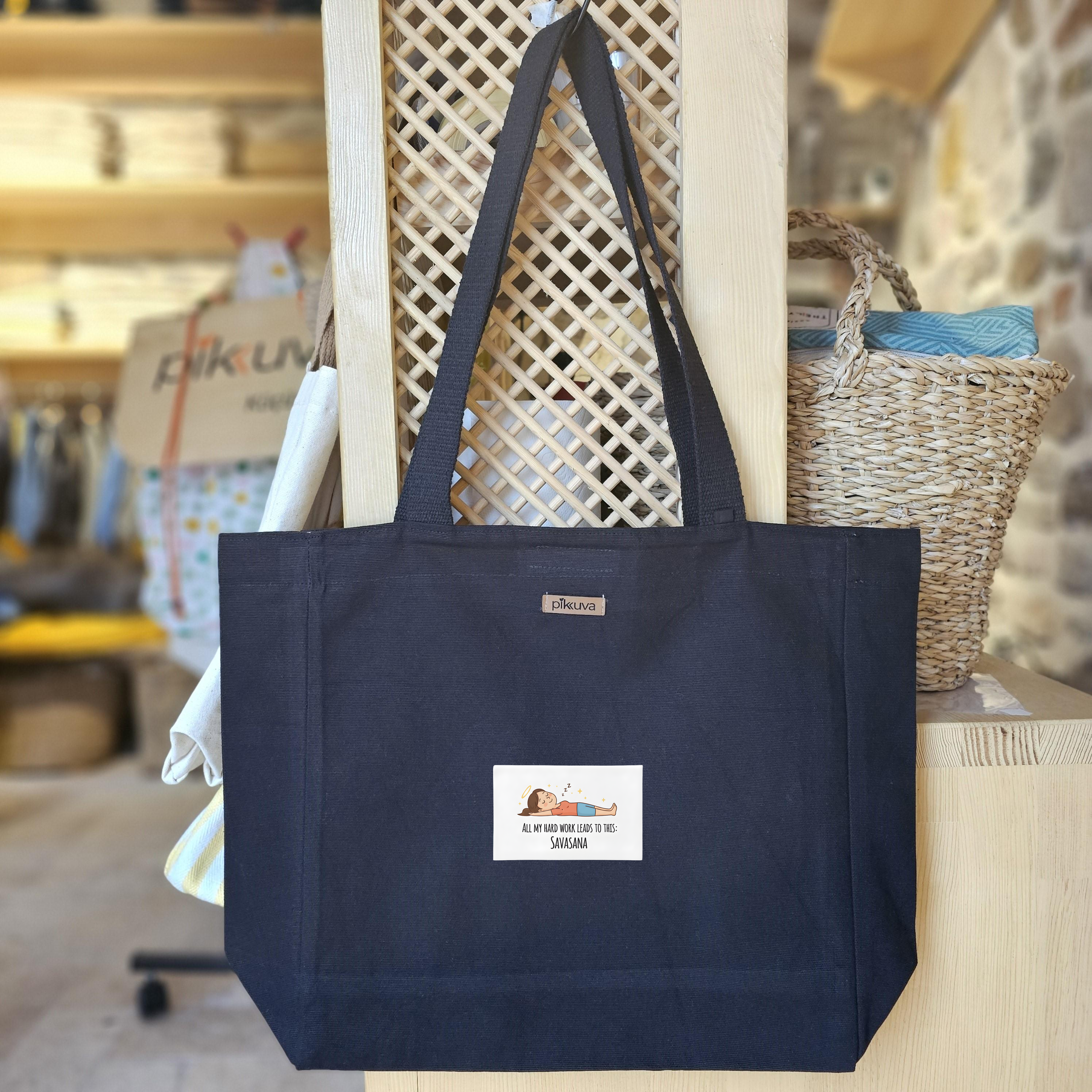 Black Canvas Tote Bag, Black Handle, Gray and White Checkered Lining, Black Velcro, Water Bottle Holder