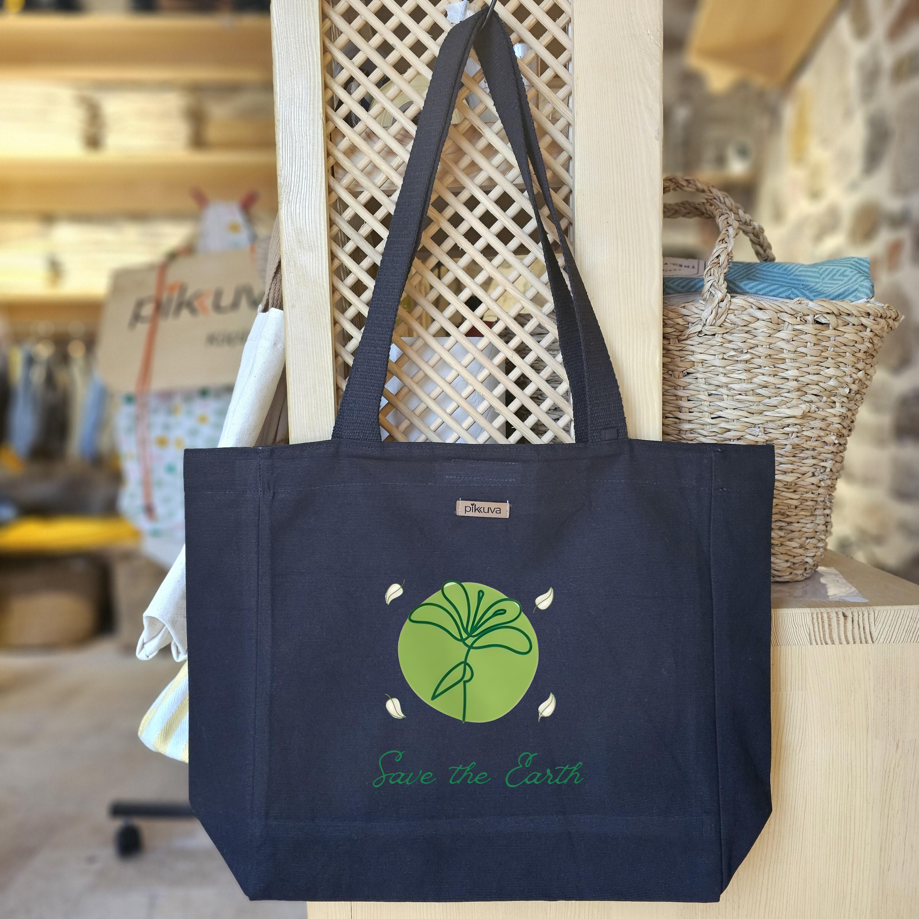 Black Canvas Tote Bag, Black Handle, Gray and White Checkered Lining, Black Velcro, Water Bottle Holder — 20x24