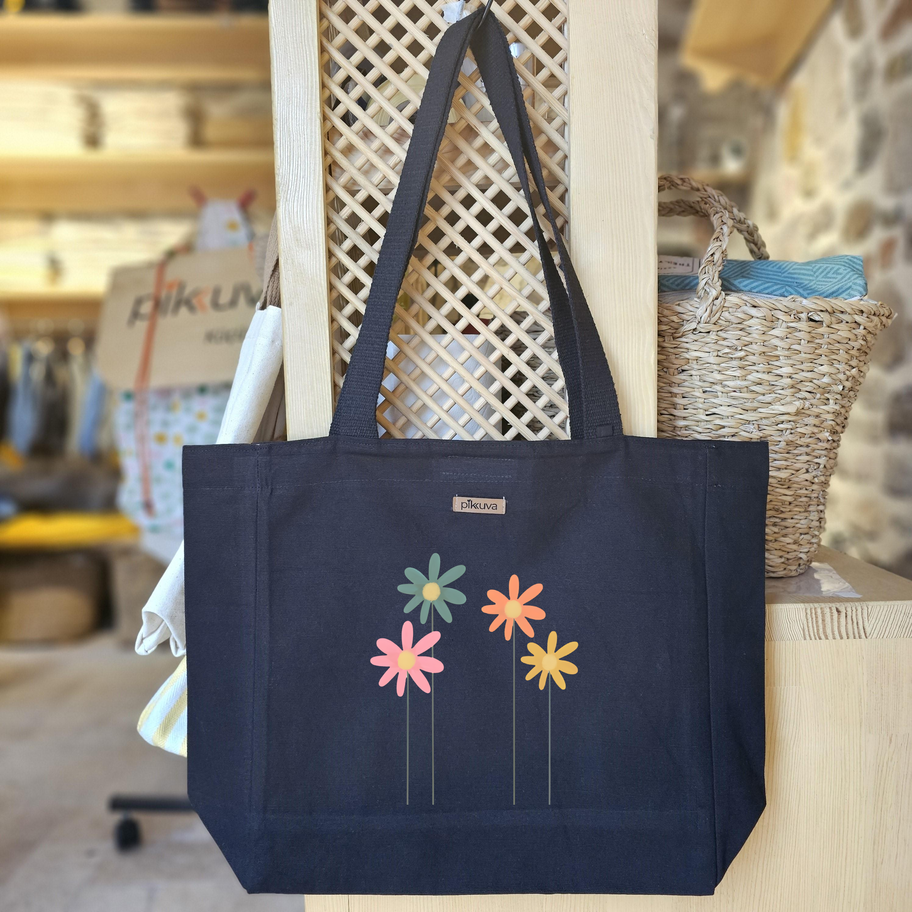 Black Canvas Tote Bag, Black Handle, Gray and White Checkered Lining, Black Velcro, Water Bottle Holder — 20x24
