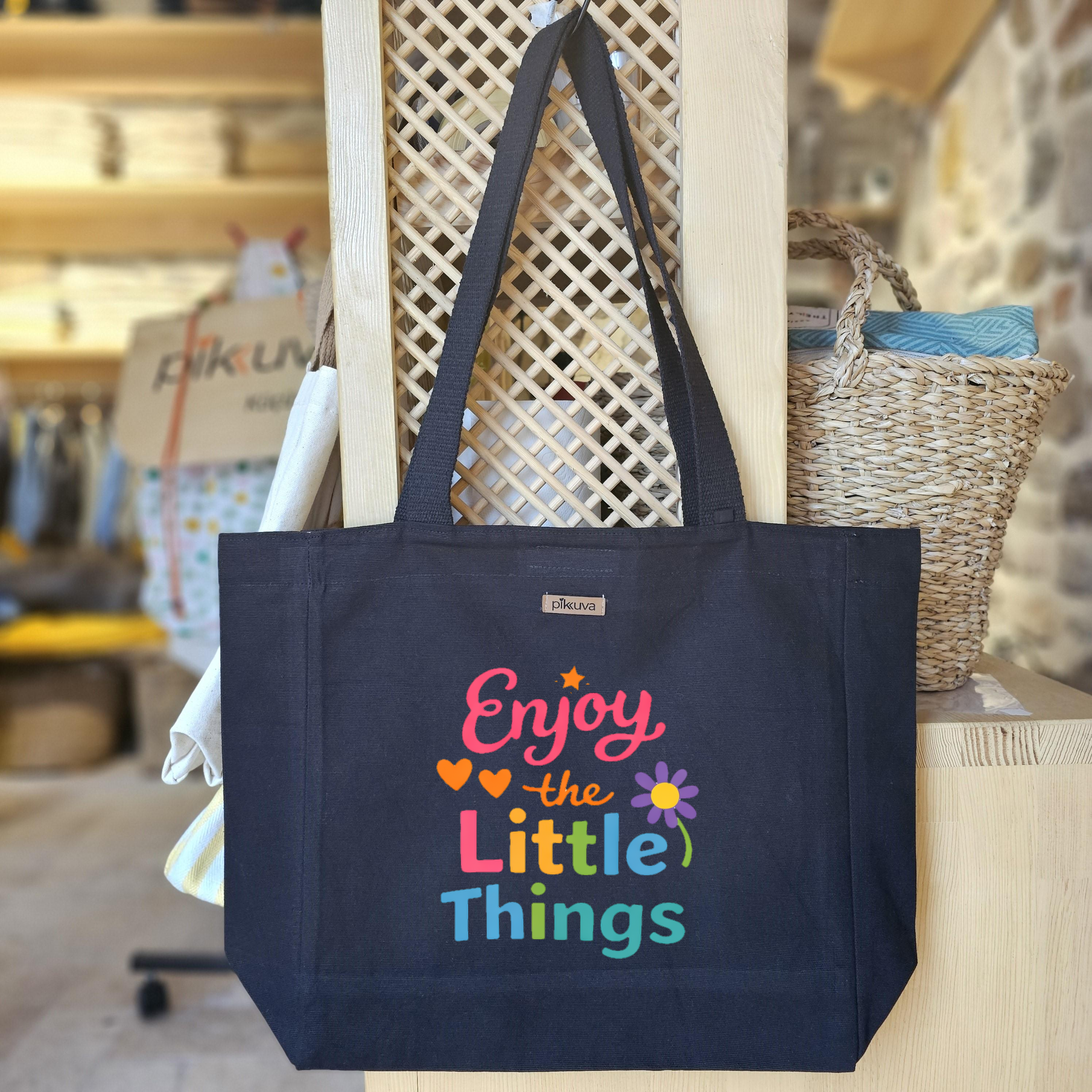 Black Canvas Tote Bag, Black Handle, Gray and White Checkered Lining, Black Velcro, Water Bottle Holder — 20x24