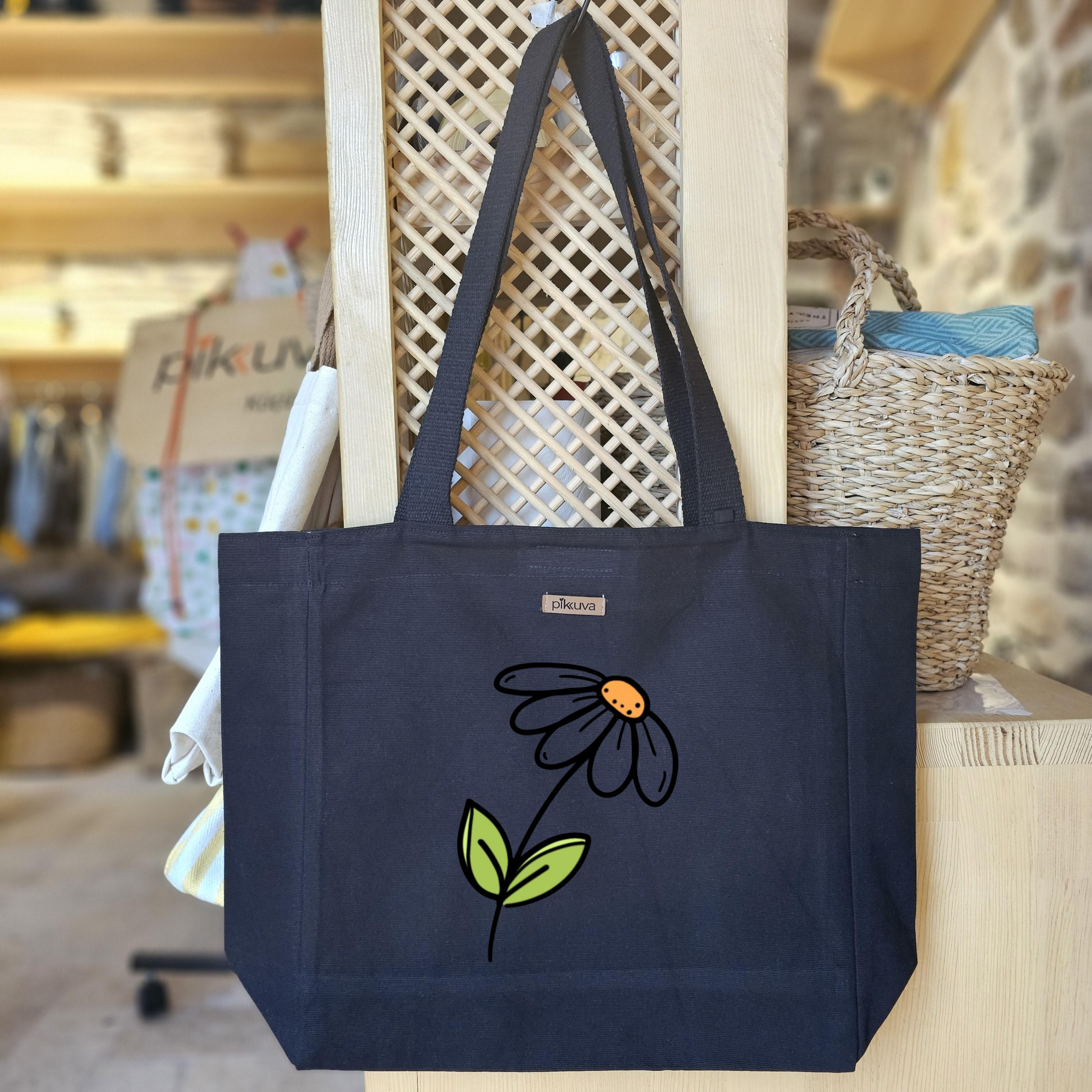 Black Canvas Tote Bag, Black Handle, Gray and White Checkered Lining, Black Velcro, Water Bottle Holder — 20x24