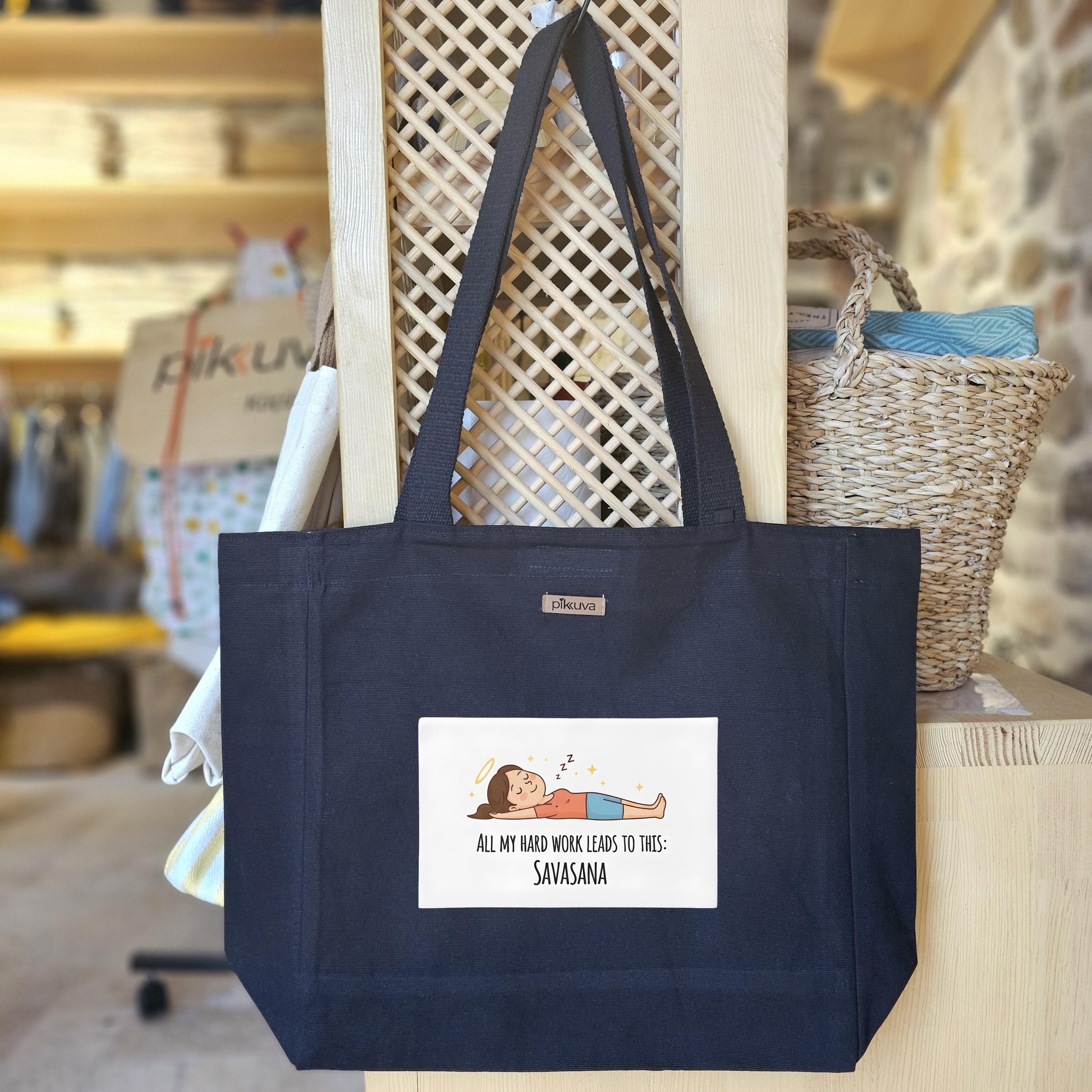 Black Canvas Tote Bag, Black Handle, Gray and White Checkered Lining, Black Velcro, Water Bottle Holder — 24x20