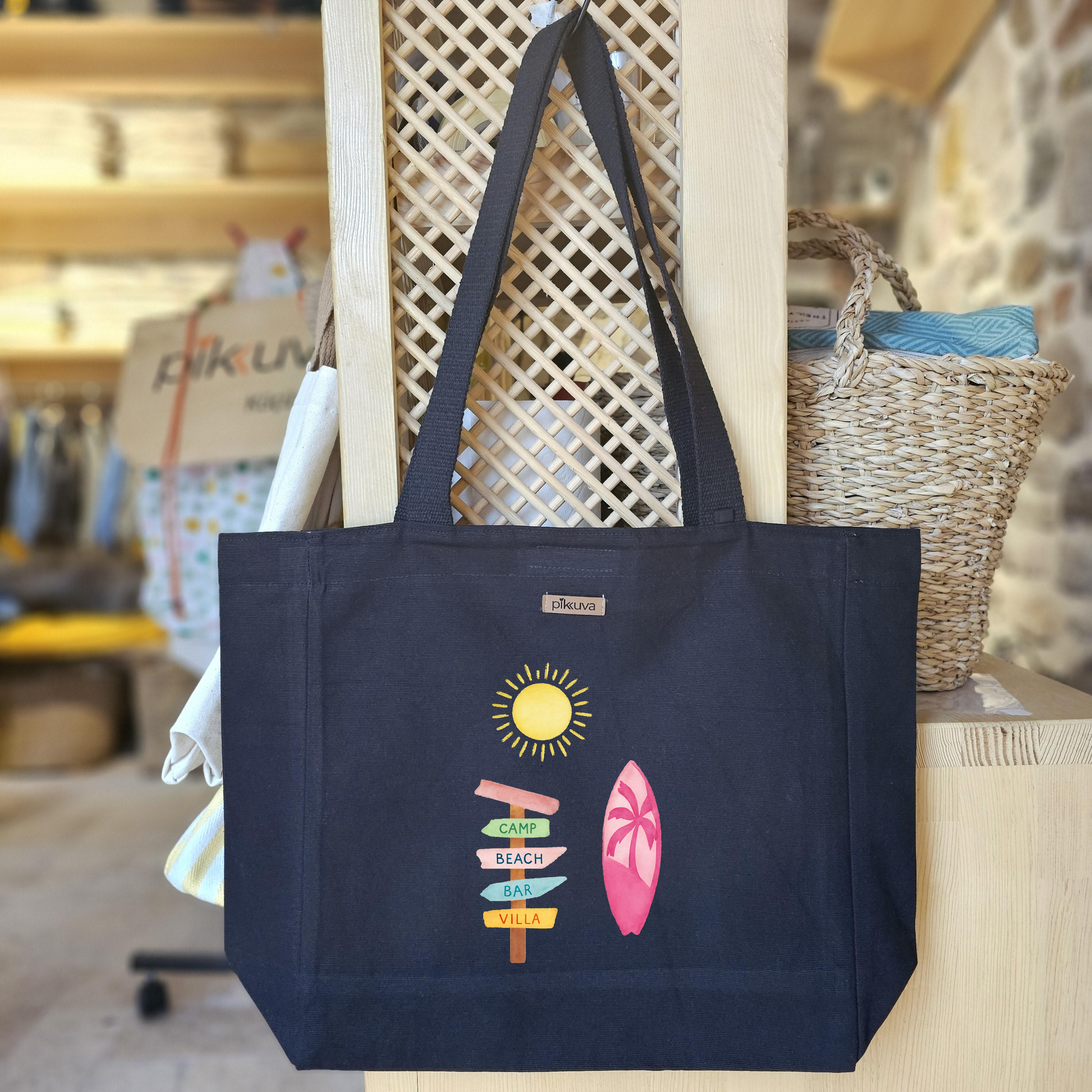 Black Canvas Tote Bag, Black Handle, Gray and White Checkered Lining, Black Velcro, Water Bottle Holder — 20x24