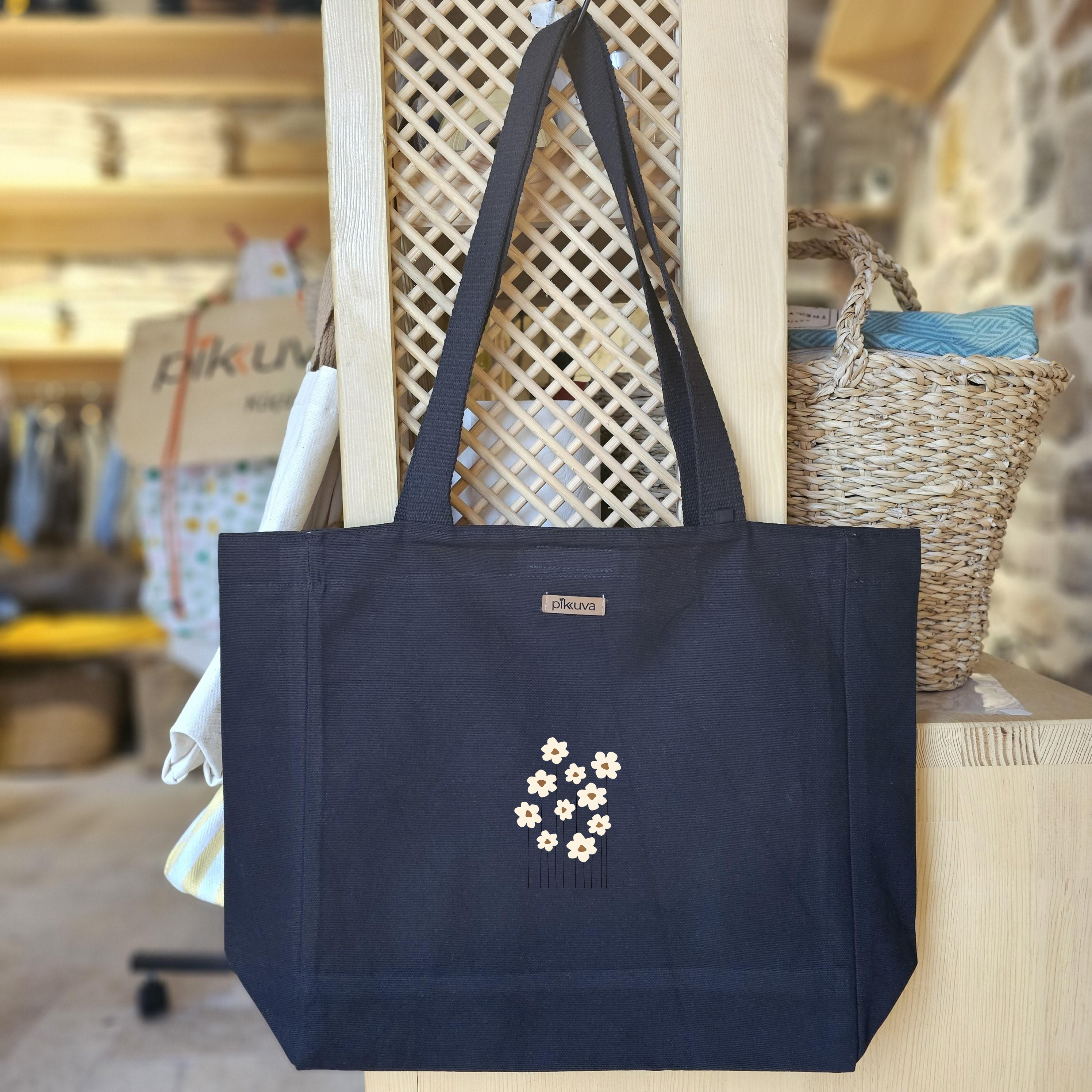 Black Canvas Tote Bag, Black Handle, Gray and White Checkered Lining, Black Velcro, Water Bottle Holder