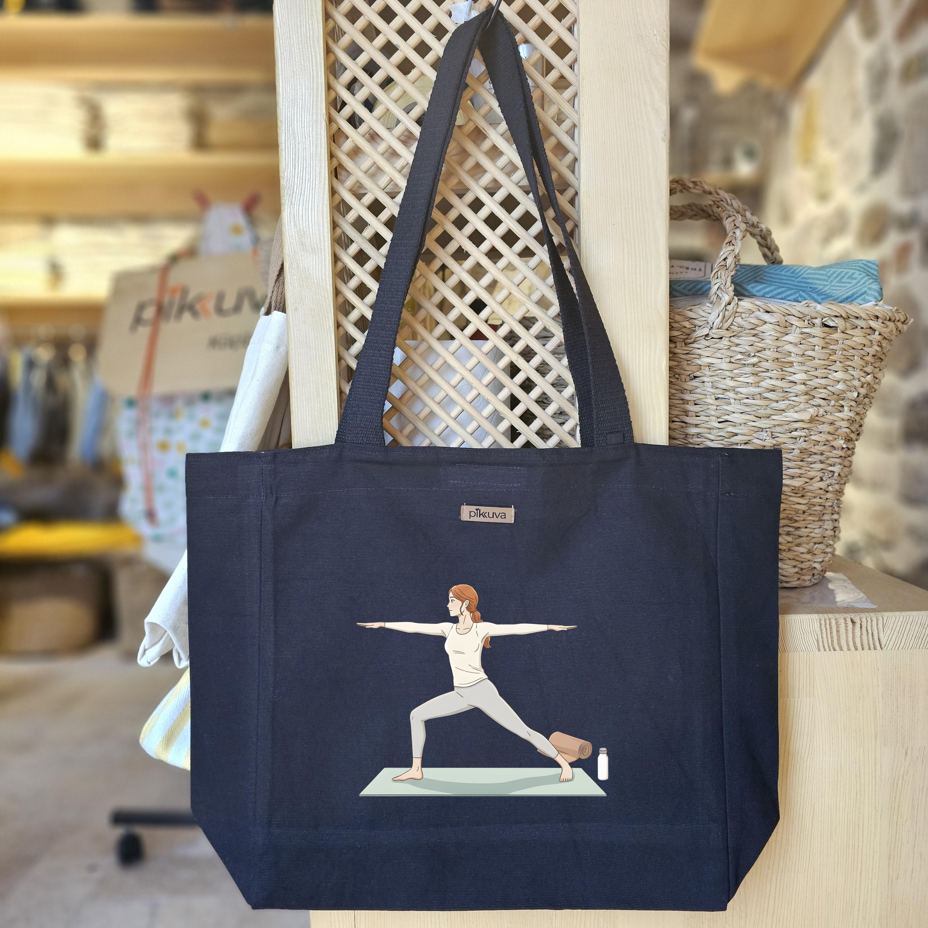 Black Canvas Tote Bag, Black Handle, Gray and White Checkered Lining, Black Velcro, Water Bottle Holder — 24x20