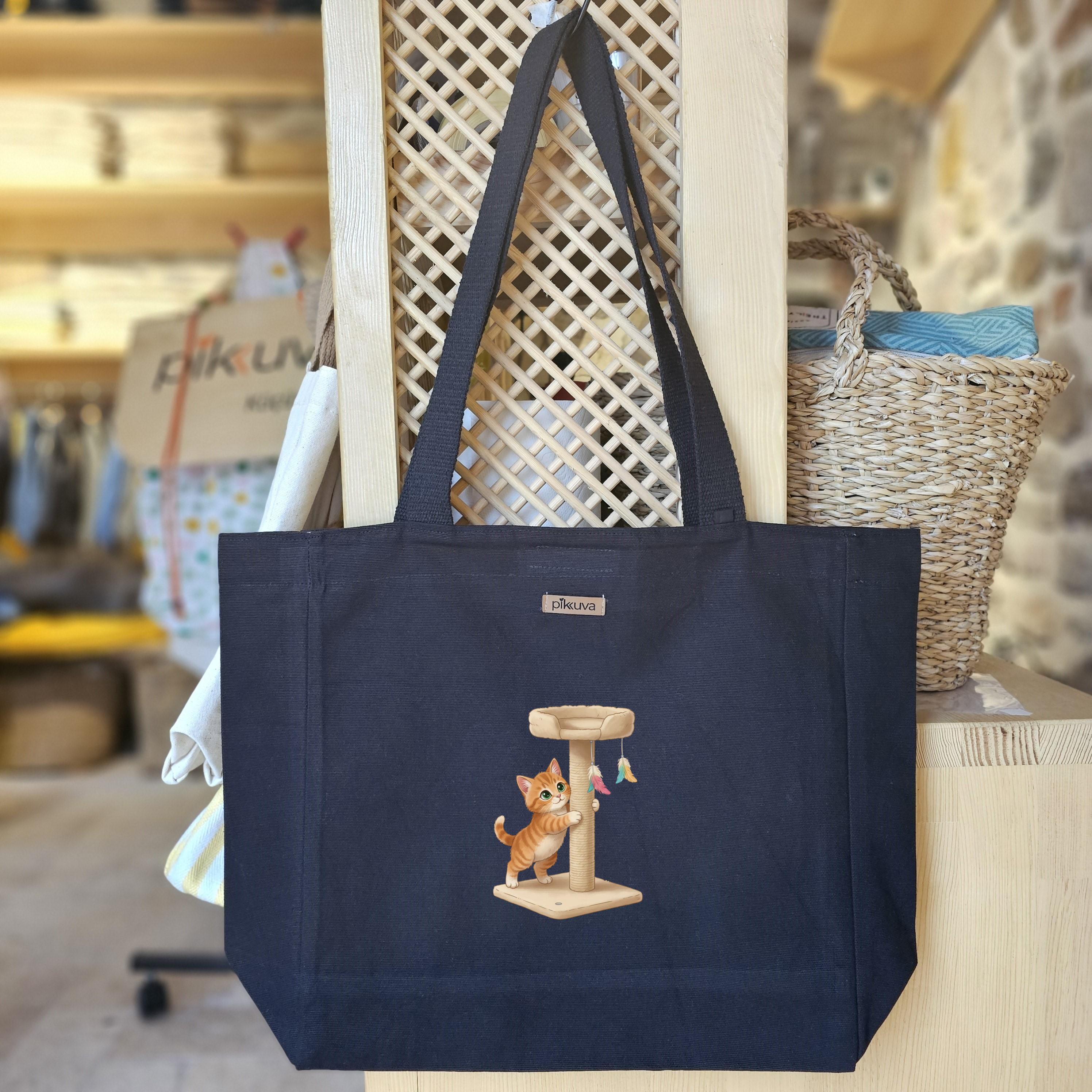 Black Canvas Tote Bag, Black Handle, Gray and White Checkered Lining, Black Velcro, Water Bottle Holder — 12x20