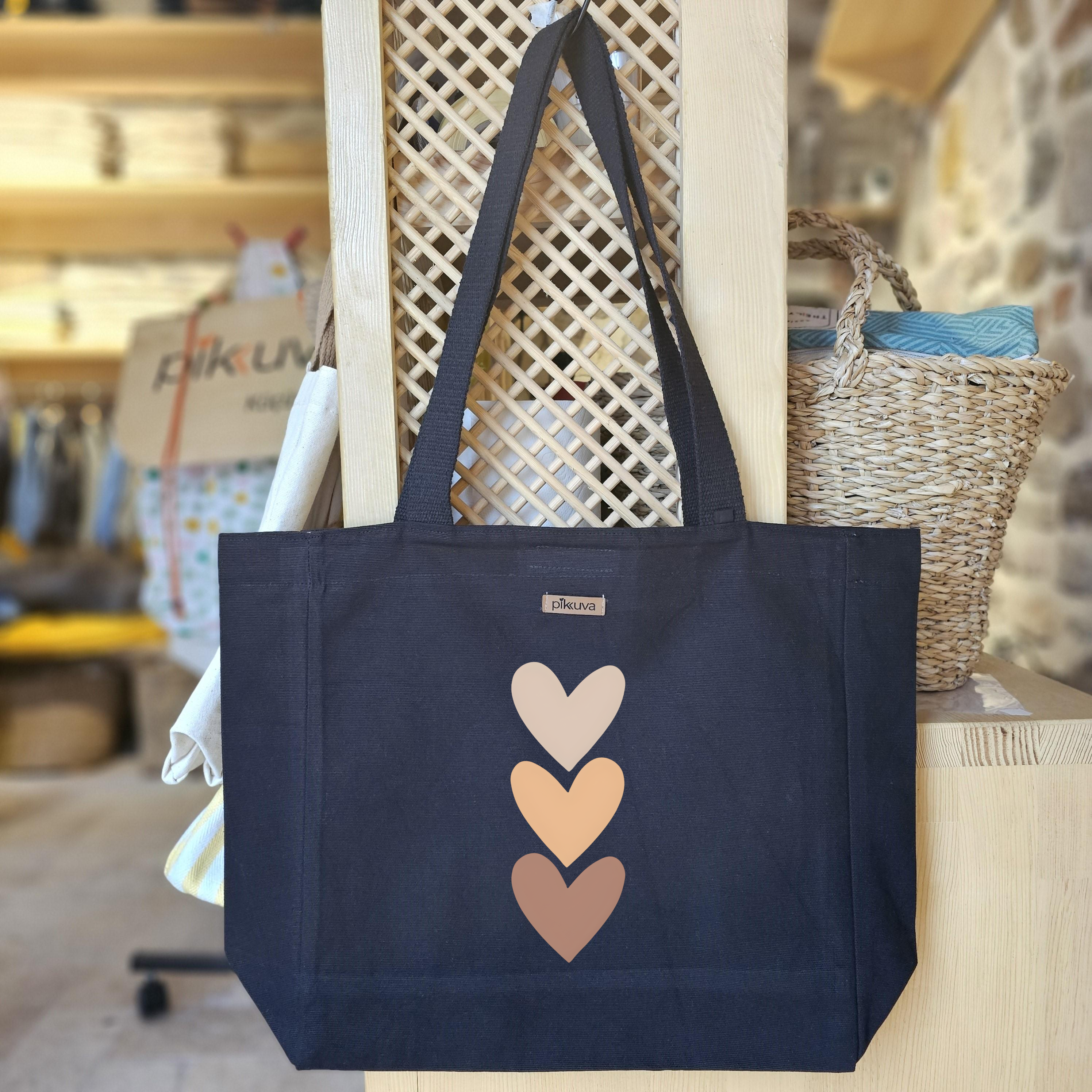 Black Canvas Tote Bag, Black Handle, Gray and White Checkered Lining, Black Velcro, Water Bottle Holder — 20x24
