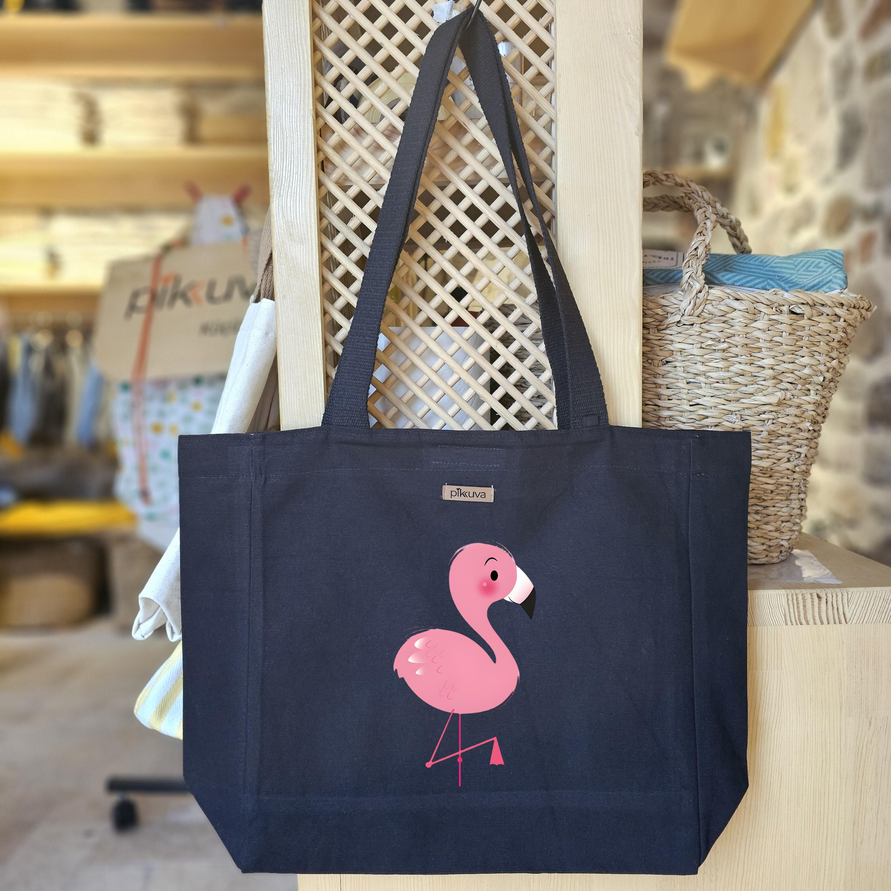 Black Canvas Tote Bag, Black Handle, Gray and White Checkered Lining, Black Velcro, Water Bottle Holder — 20x24