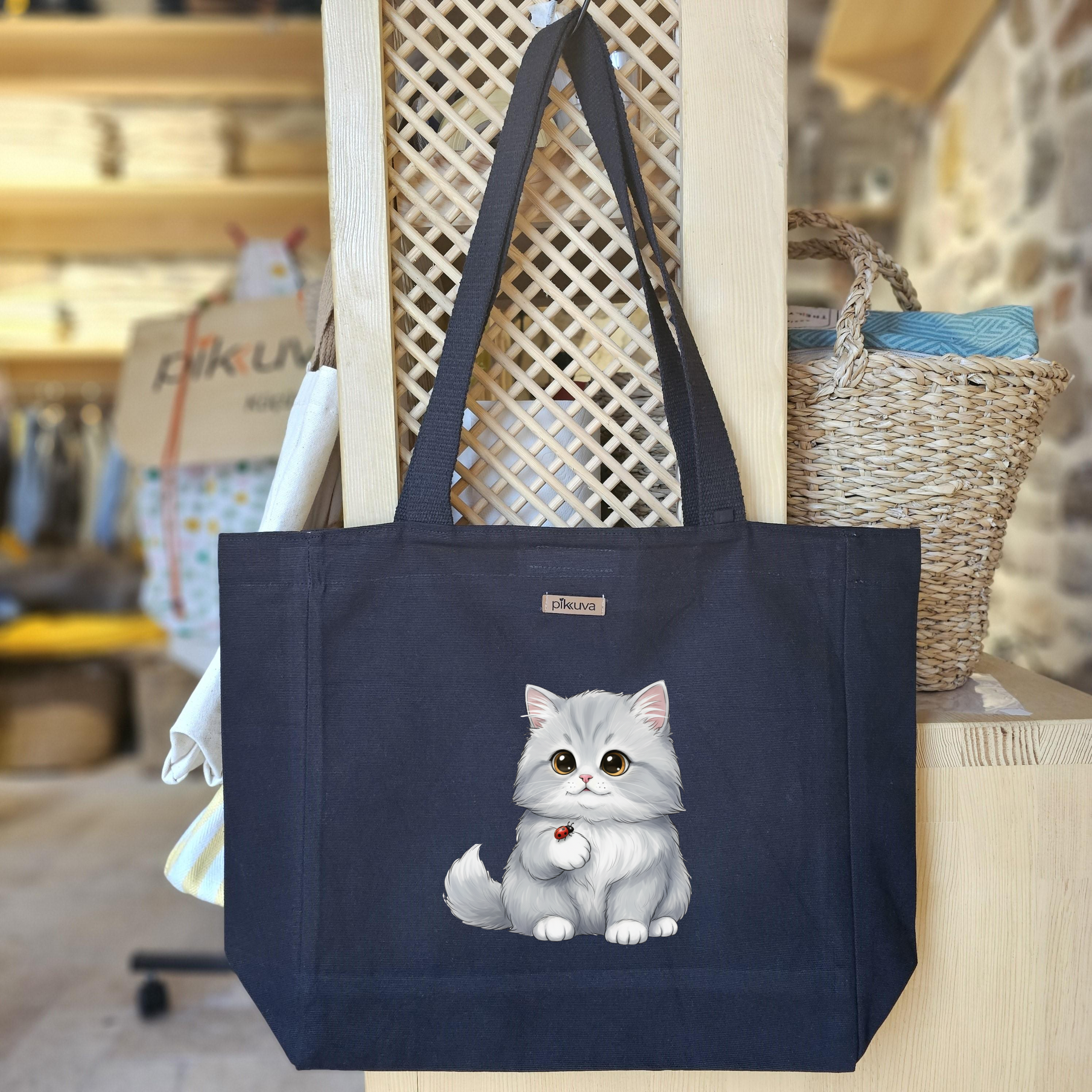 Şirin Kedi ve Uğur Böceği Baskılı Siyah Kanvas Bez Çanta Sap Gri̇ Beyaz Kareli̇ Astarlı Cırt Cırtlı Suluk Tutuculu — 20x24