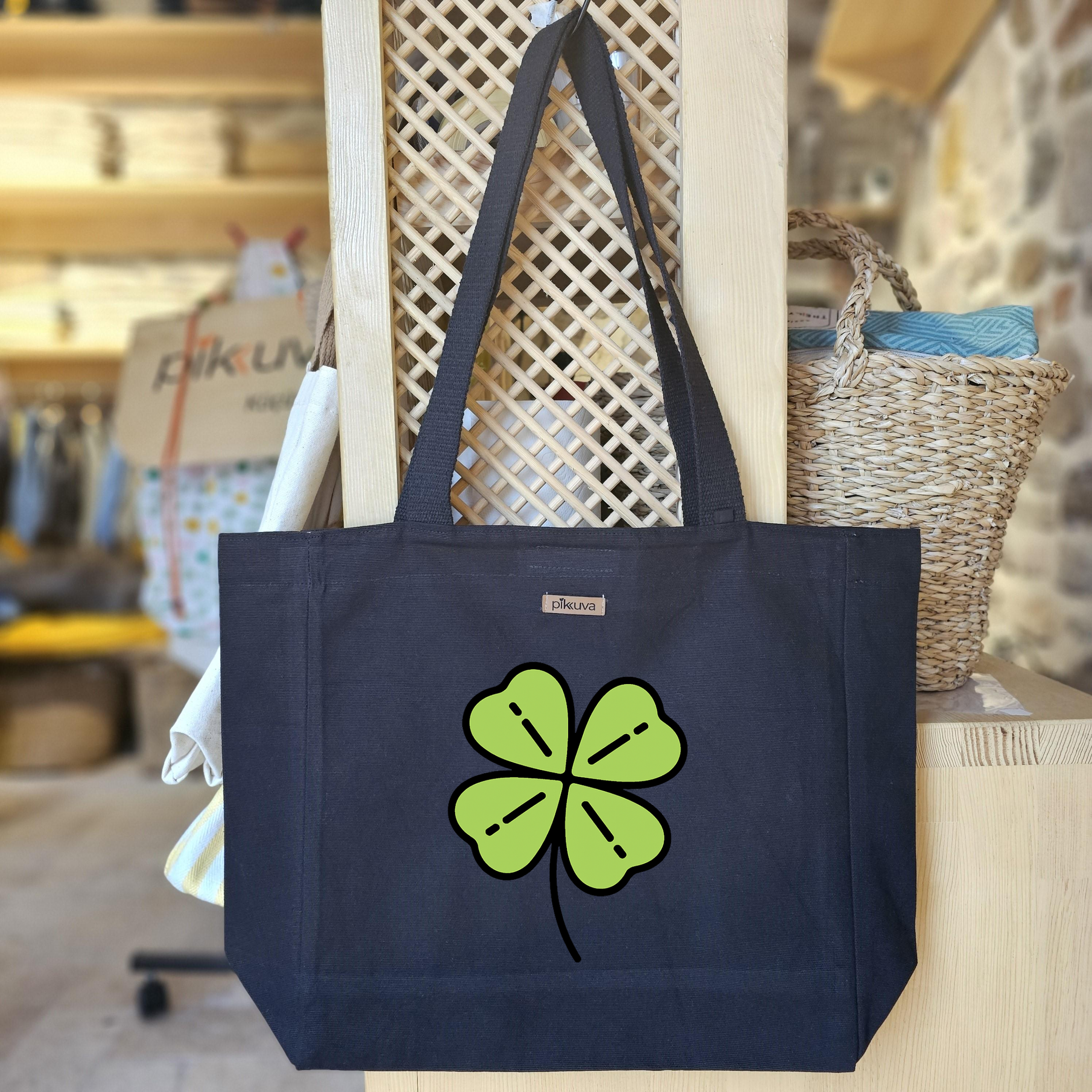 Black Canvas Tote Bag, Black Handle, Gray and White Checkered Lining, Black Velcro, Water Bottle Holder — 20x24