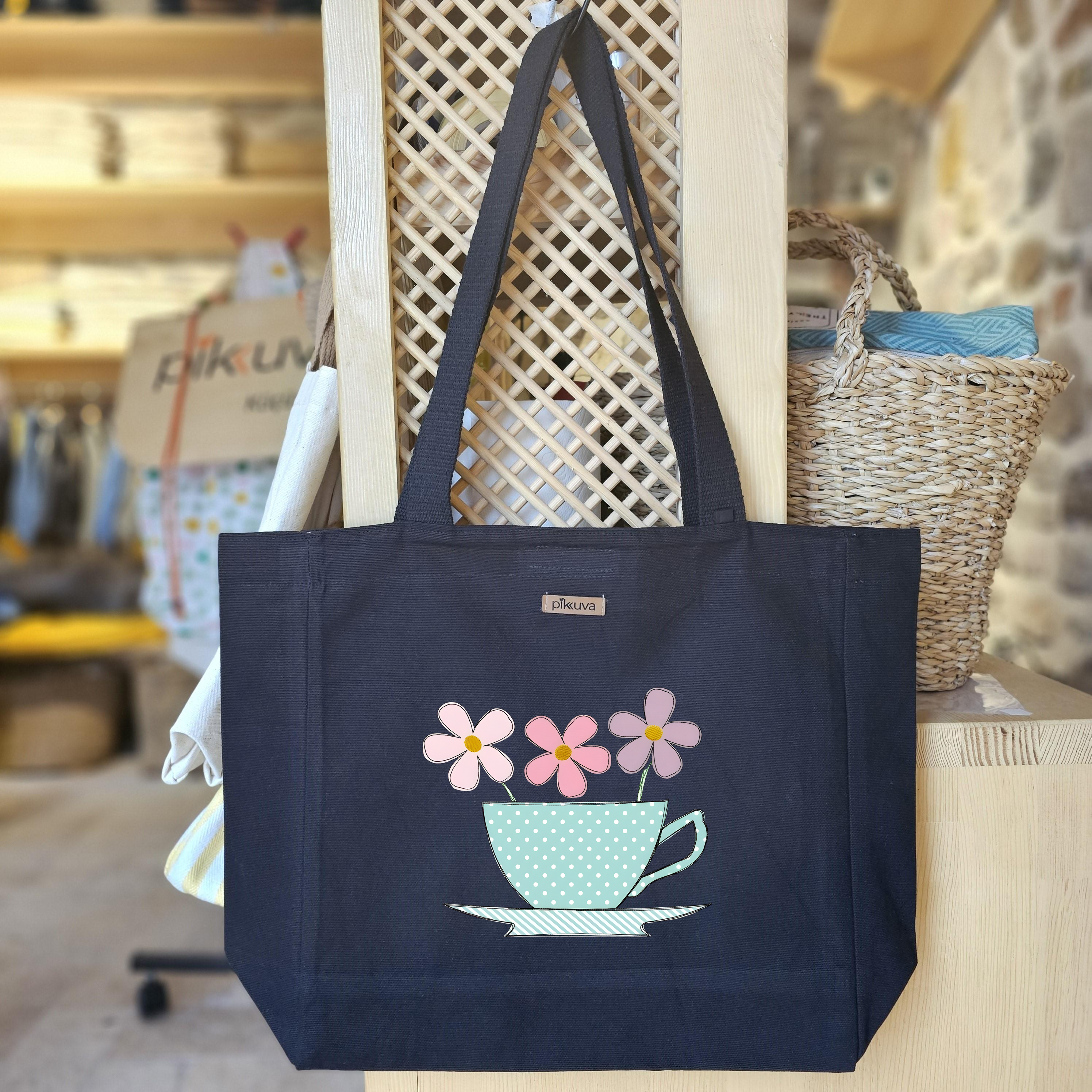 Black Canvas Tote Bag, Black Handle, Gray and White Checkered Lining, Black Velcro, Water Bottle Holder — 24x20