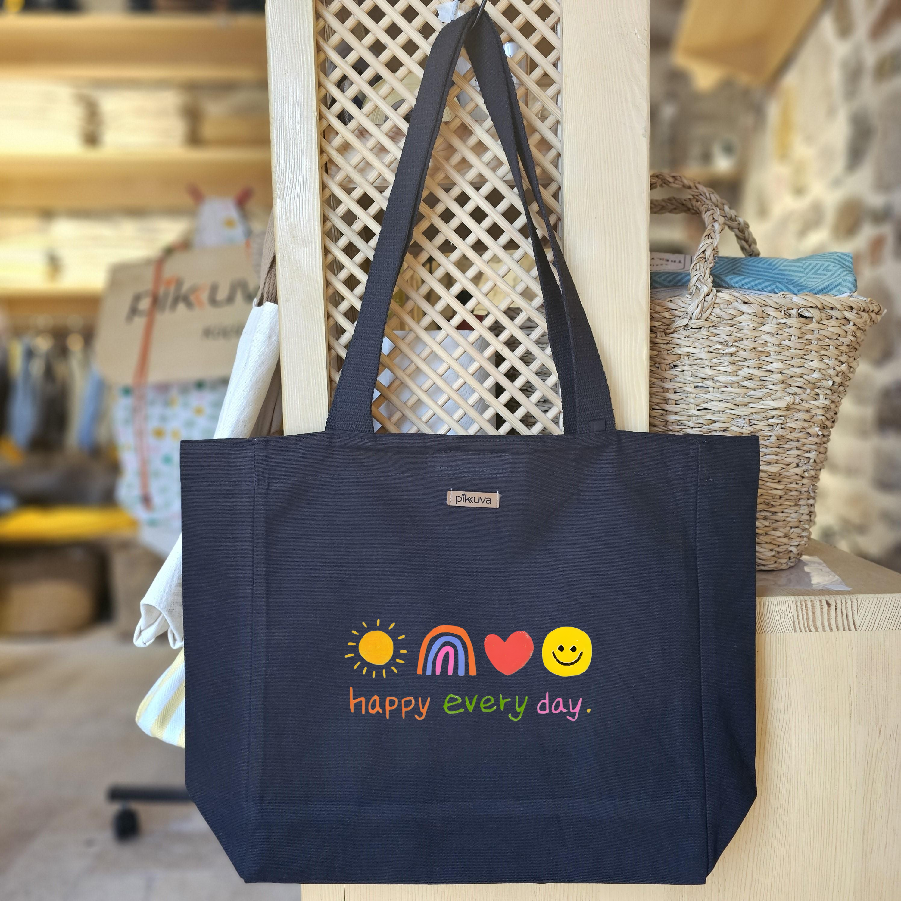 Black Canvas Tote Bag, Black Handle, Gray and White Checkered Lining, Black Velcro, Water Bottle Holder — 24x20