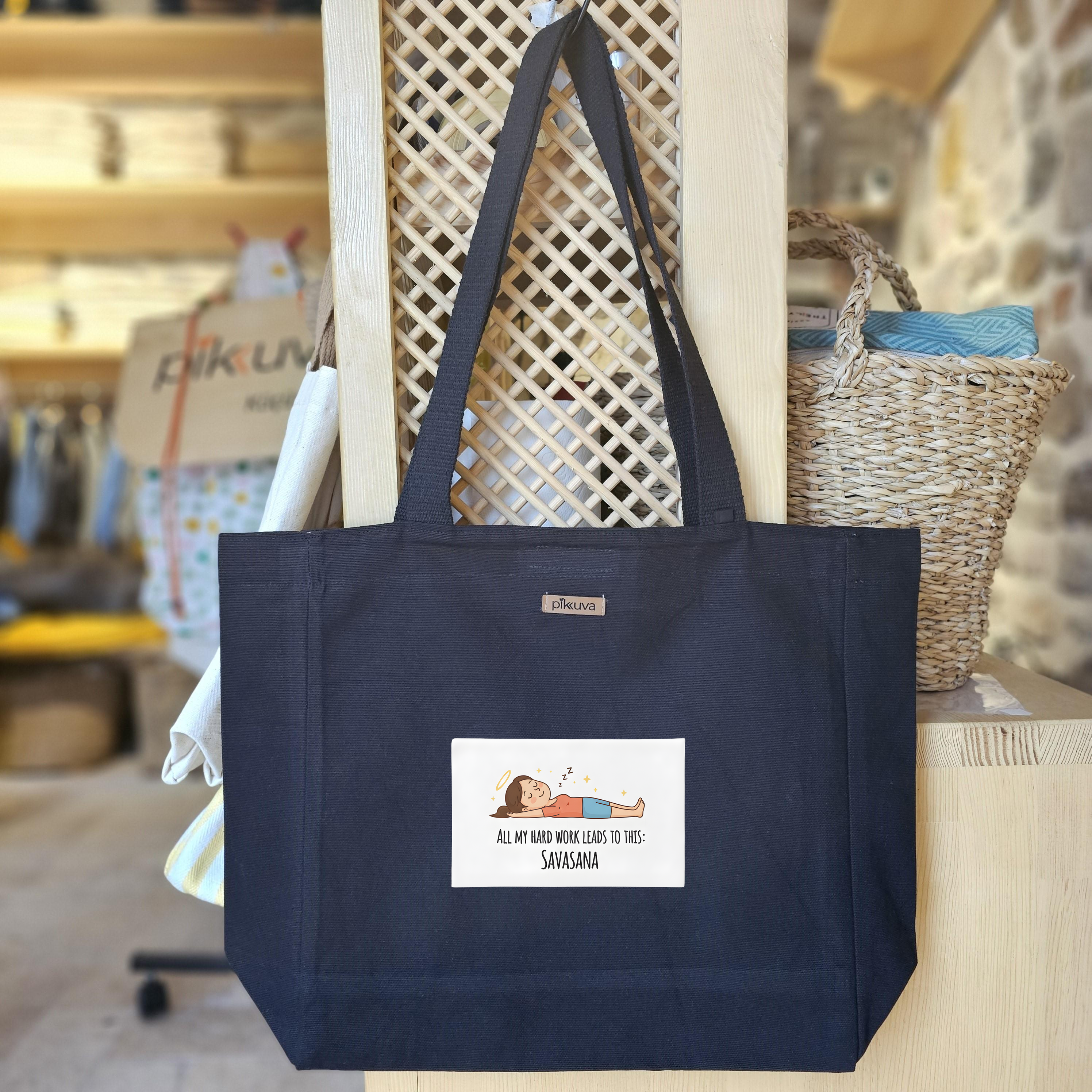 Black Canvas Tote Bag, Black Handle, Gray and White Checkered Lining, Black Velcro, Water Bottle Holder — 20x12