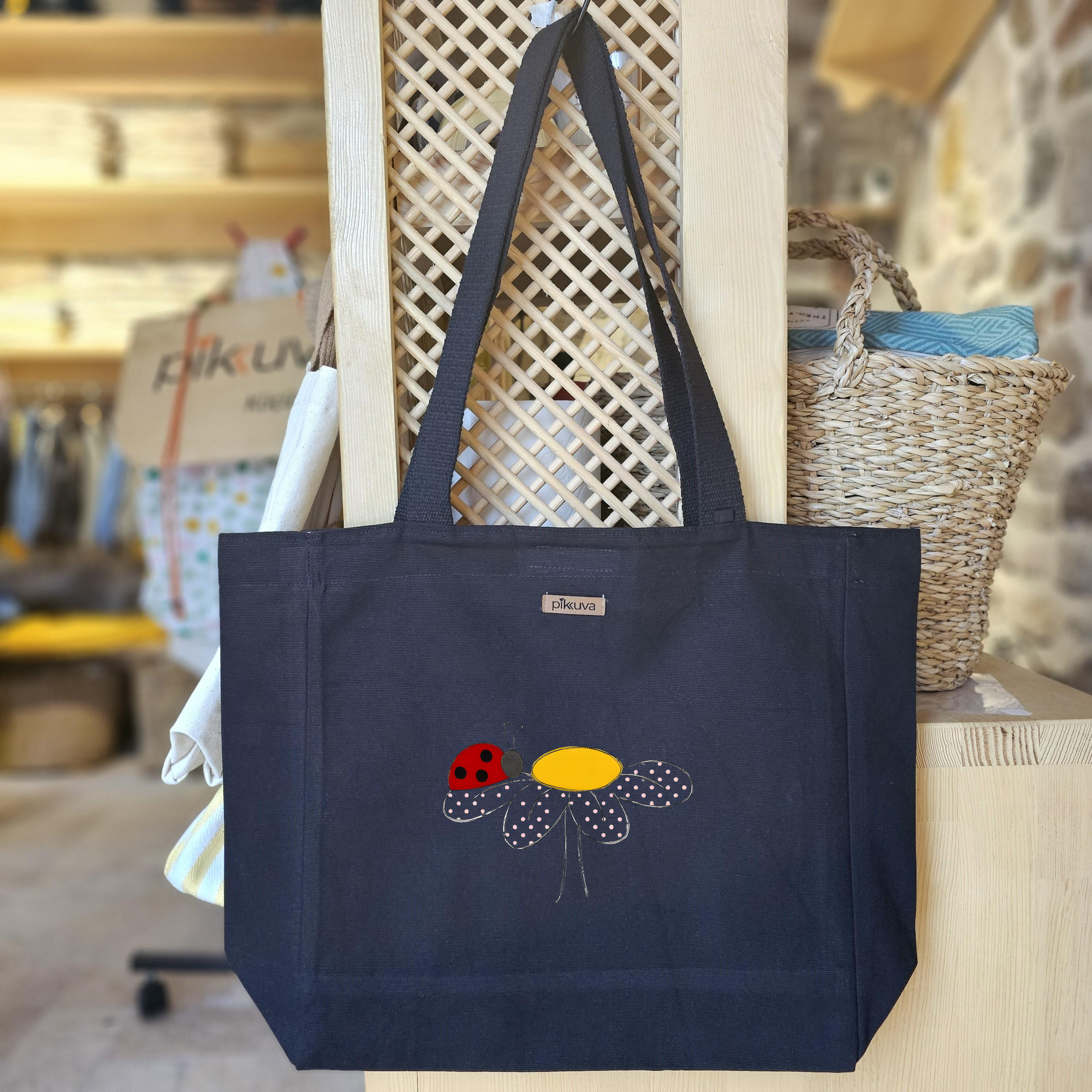Black Canvas Tote Bag, Black Handle, Gray and White Checkered Lining, Black Velcro, Water Bottle Holder — 20x24